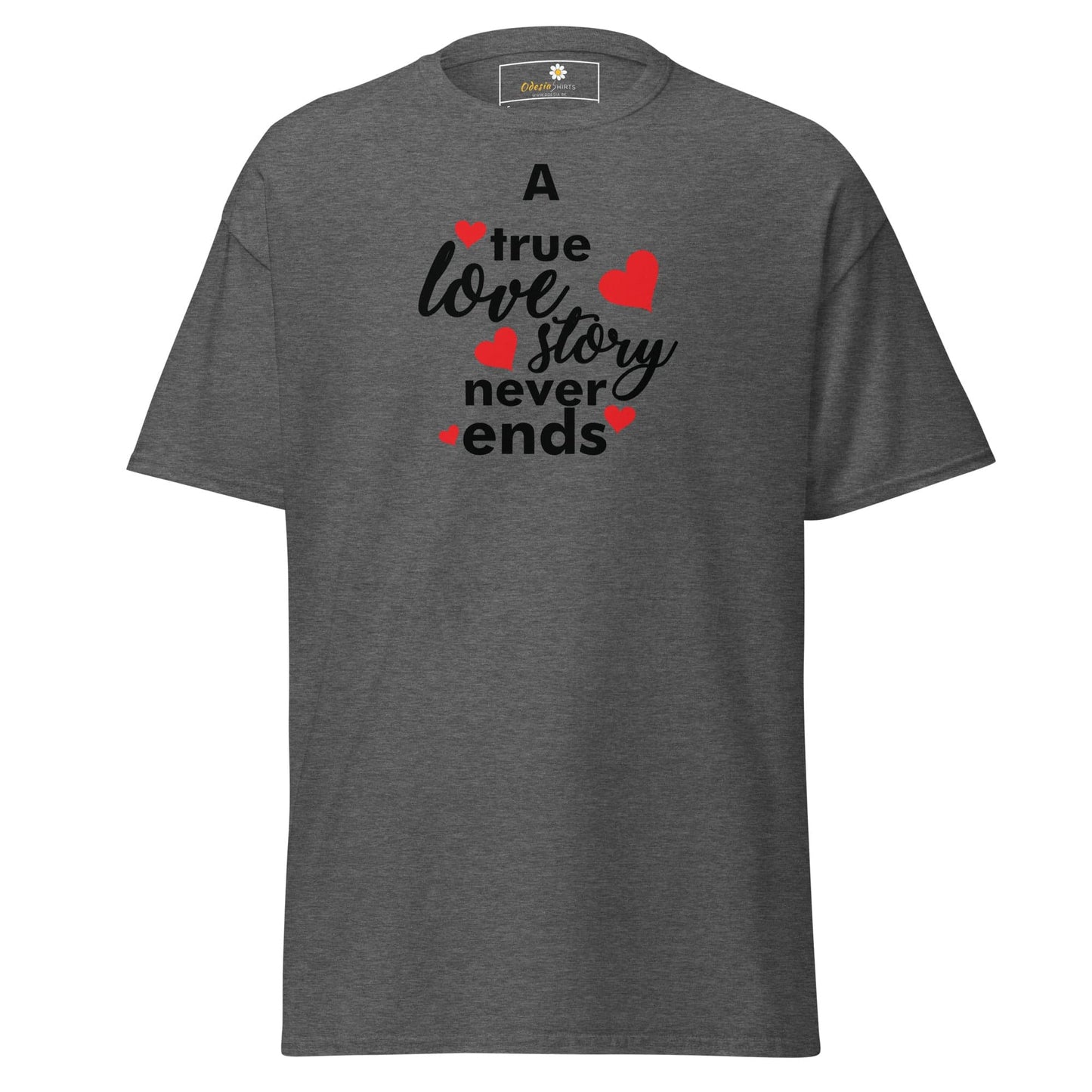 Gray T-shirt with a love story graphic from the T-SHIRT DESIGN TEE collection for men and women