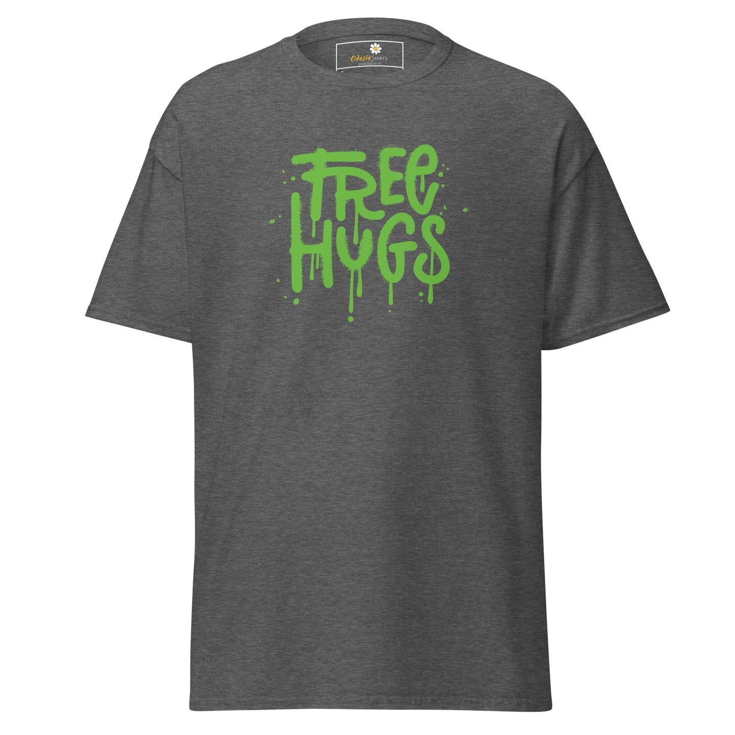 Gray T-shirt with a green Free Hugs graphic from T-SHIRT DESIGN TEE for men and women