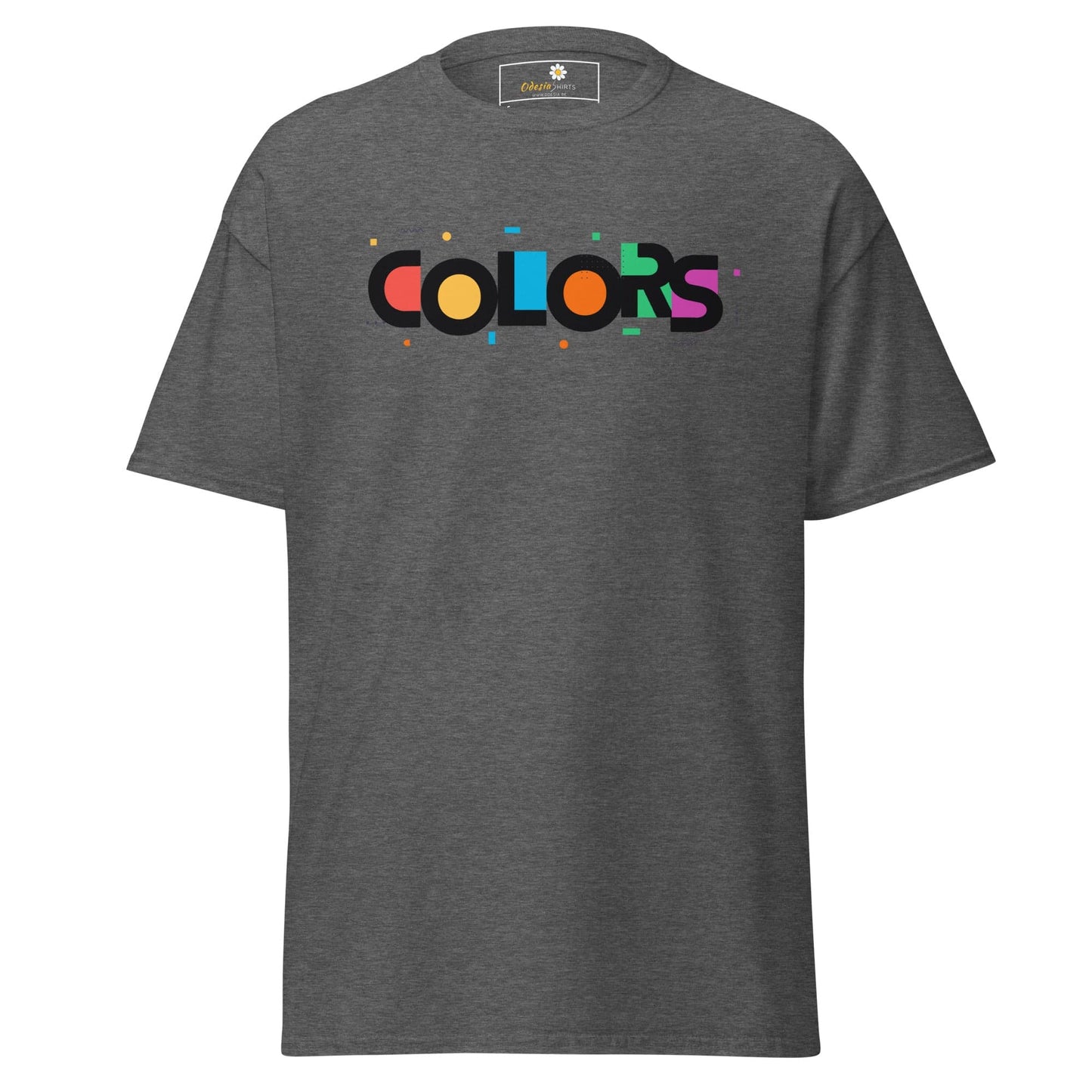 Gray T-shirt with colorful COLORS text, ideal for men and women sizes S to XL