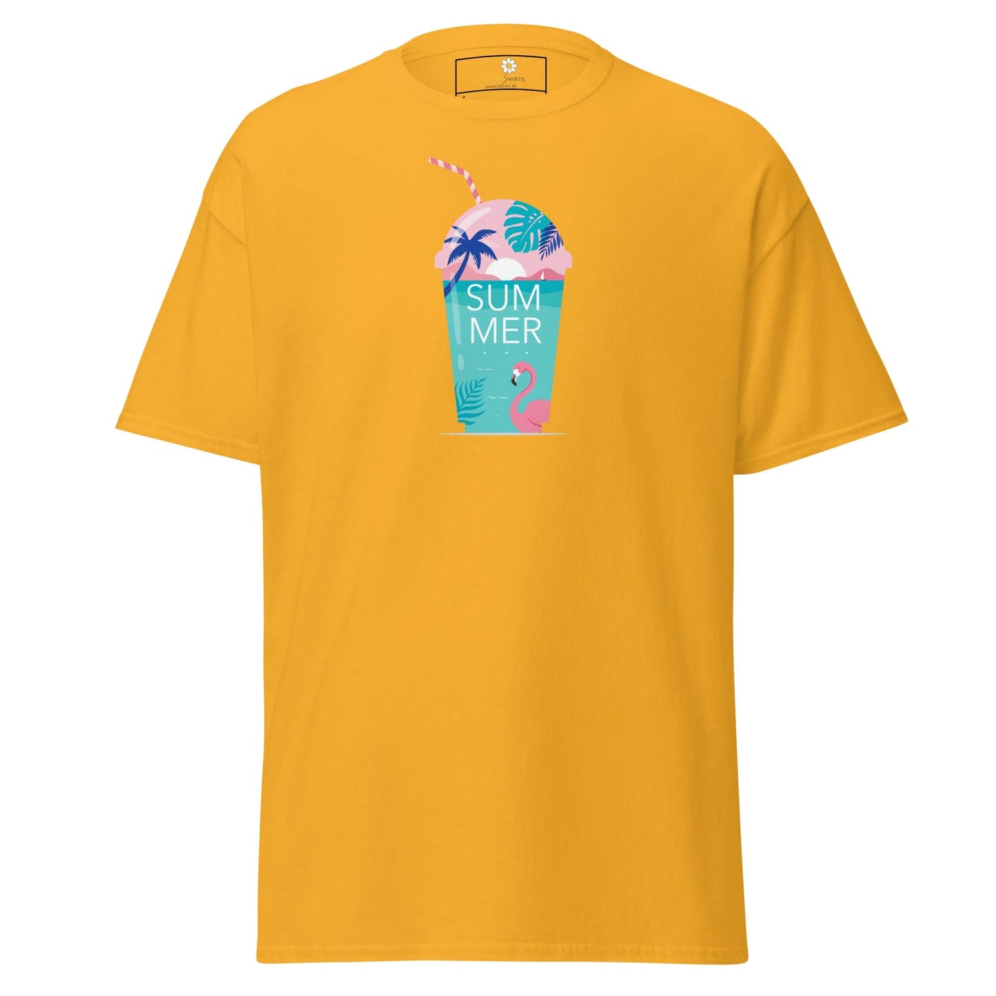 Yellow T-shirt with summer drink graphic, perfect for men and women, sizes S to XL