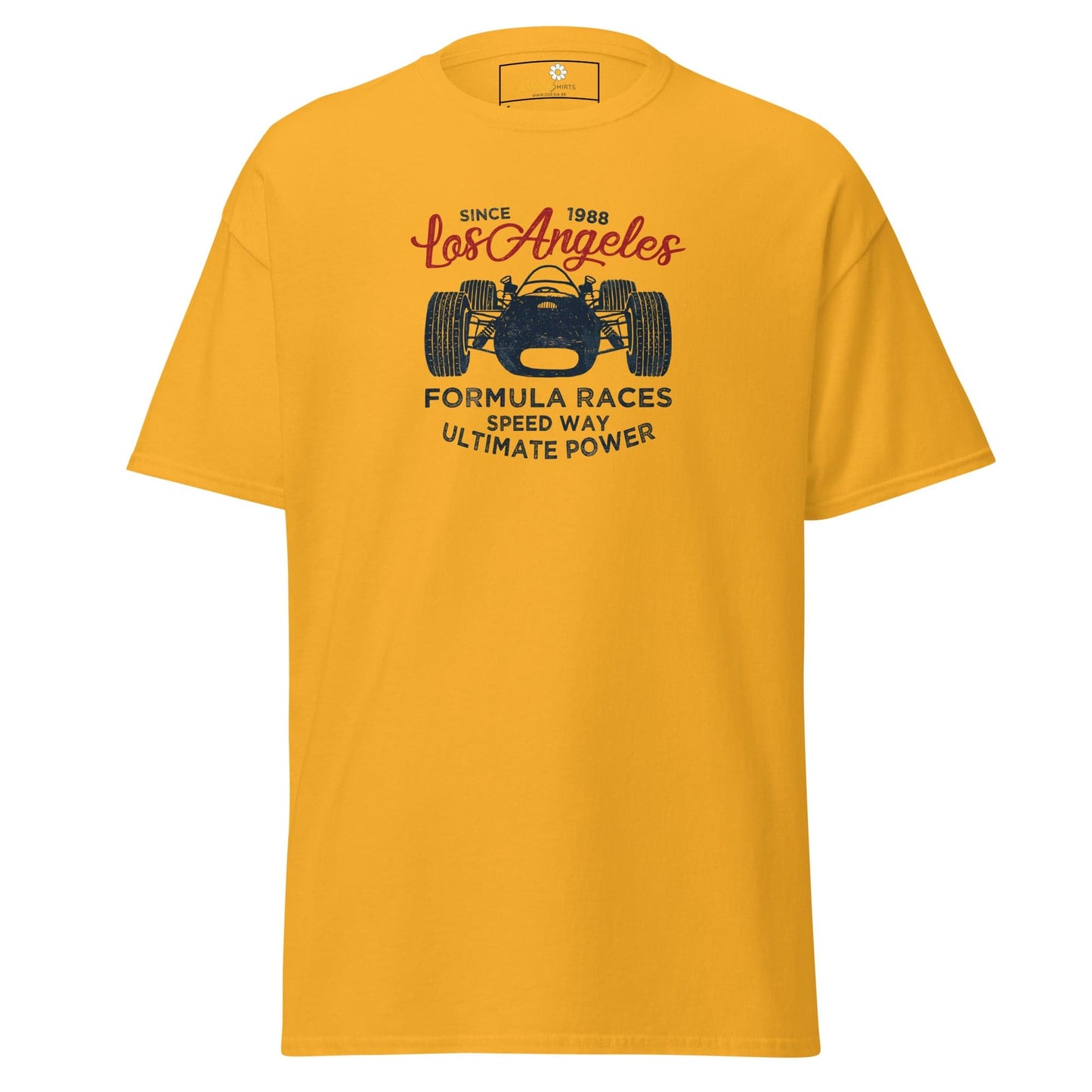 Yellow T-shirt with Race Car Graphic for Men and Women in Sizes S to XL