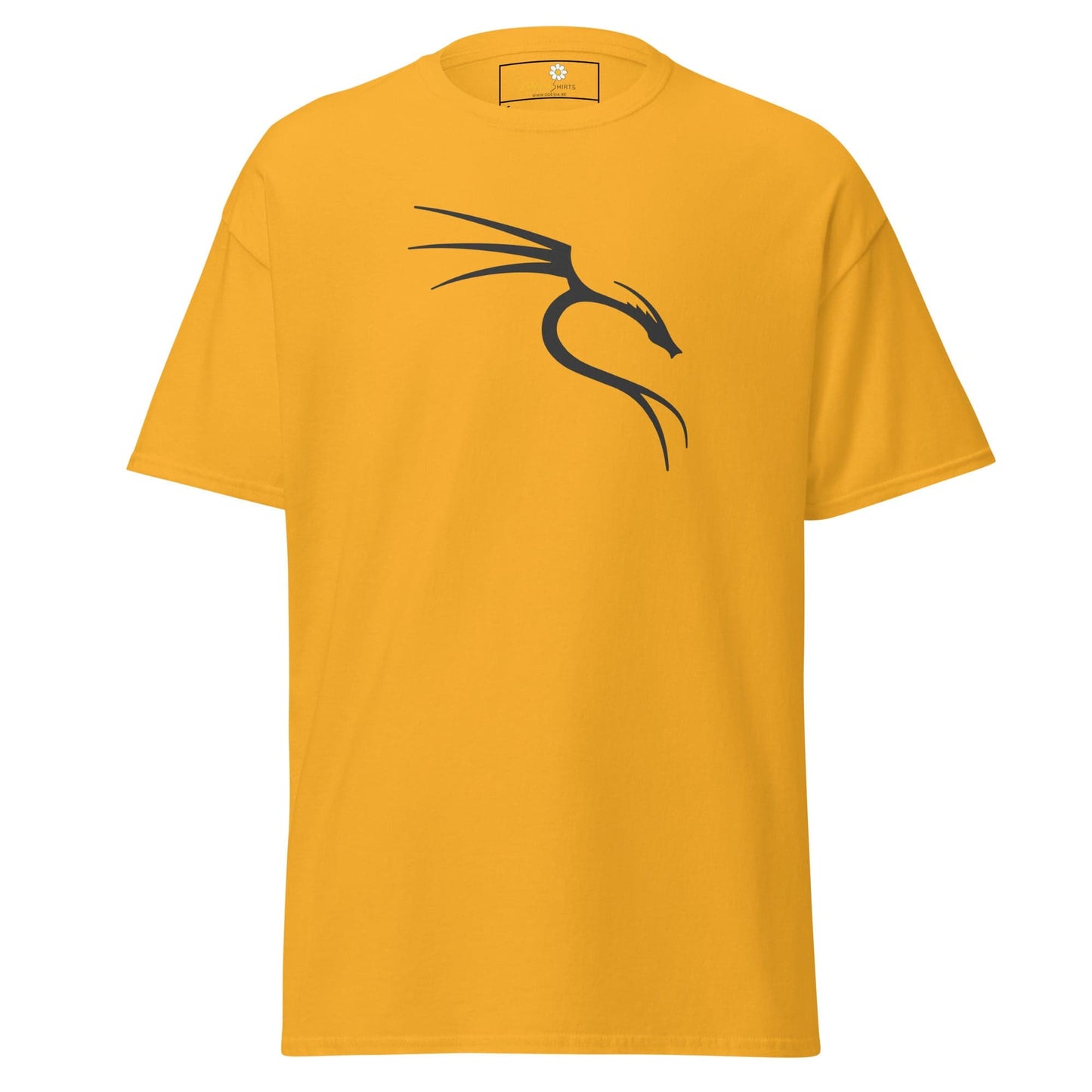 Yellow T-shirt with a dragon graphic, suitable for men and women, available in S to XL