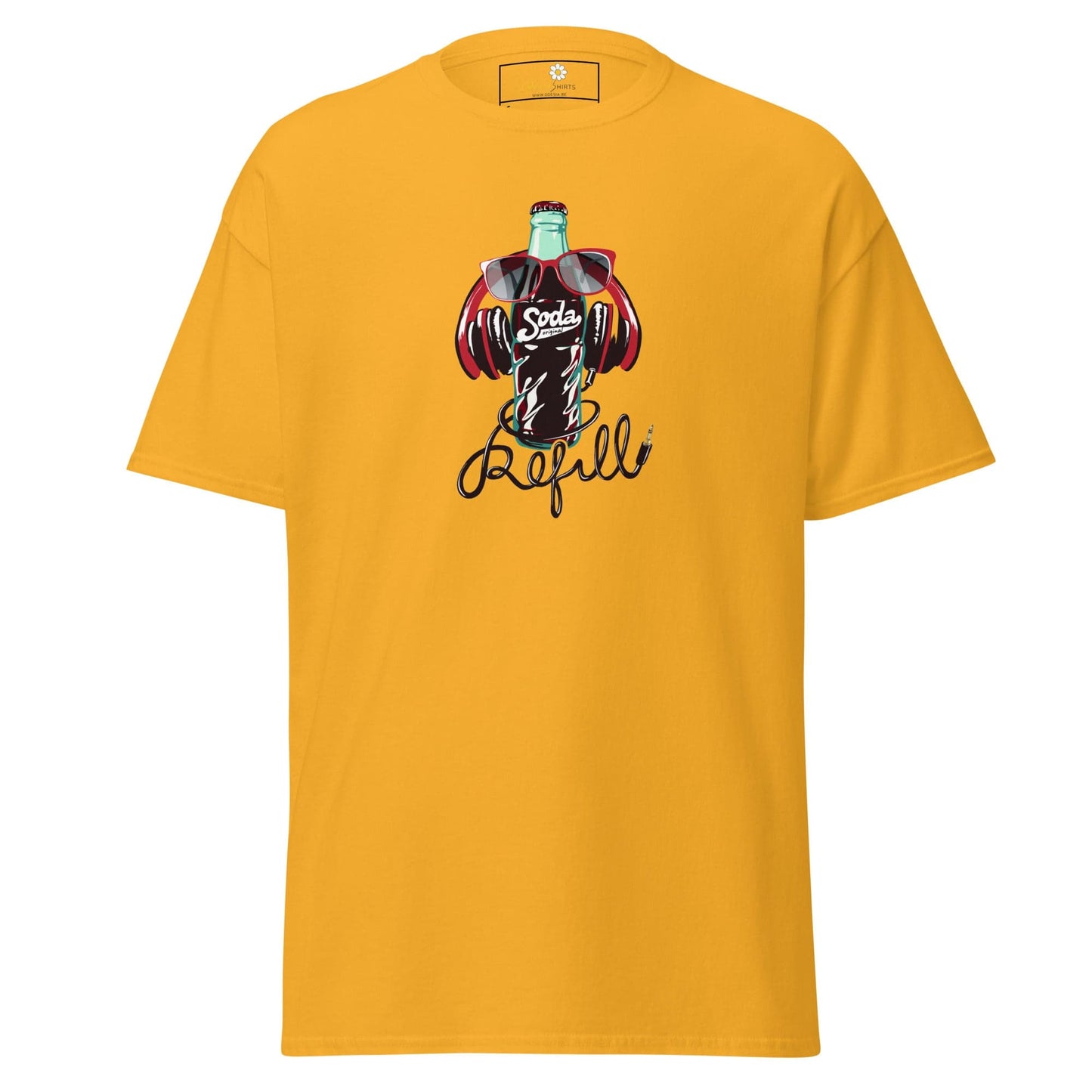 Yellow T-shirt with soda bottle graphic for men and women in sizes S to XL