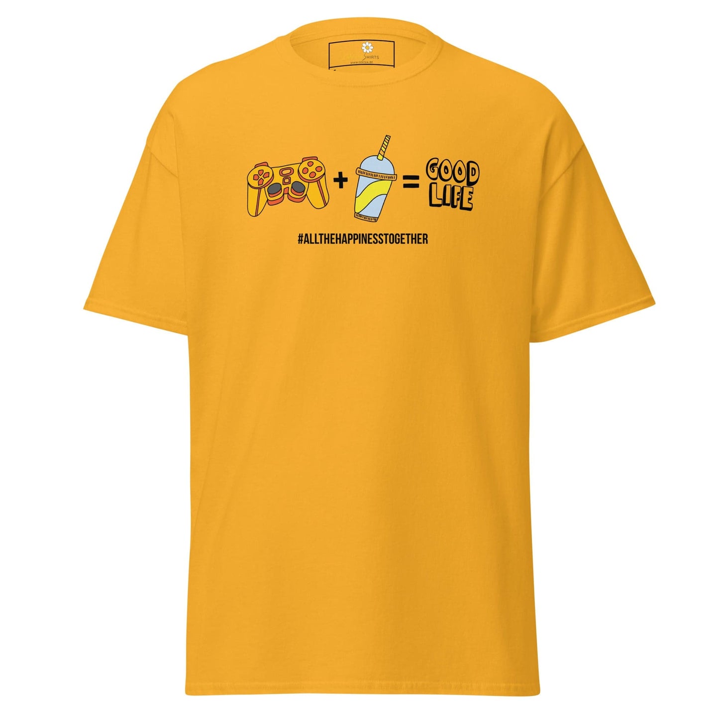 Yellow T-shirt with graphic design for Men and Women, available in sizes S to XL