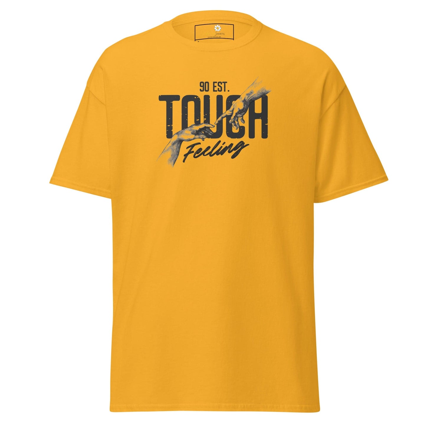 Yellow T-shirt with graphic design for men and women available in sizes S to XL