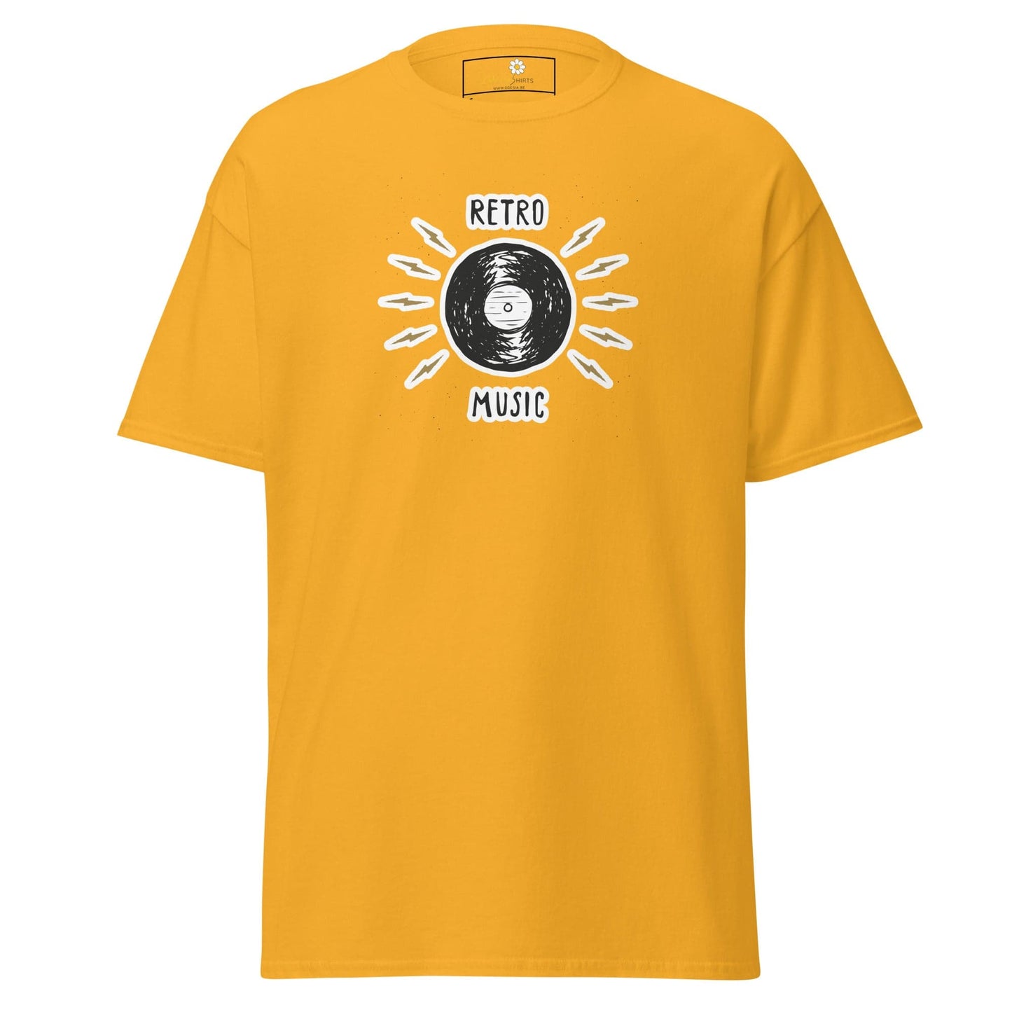 Yellow T-shirt with retro music design for men and women available in sizes S to XL