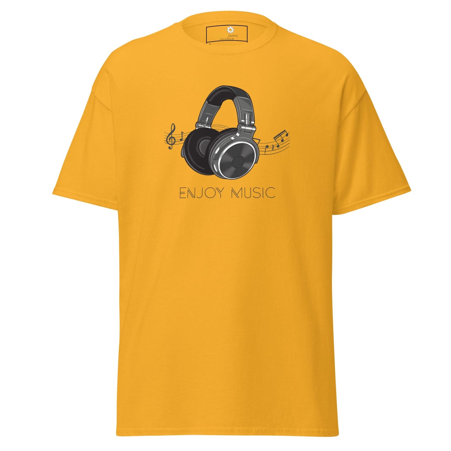 Yellow T-shirt with headphone graphic for men and women in sizes S to XL