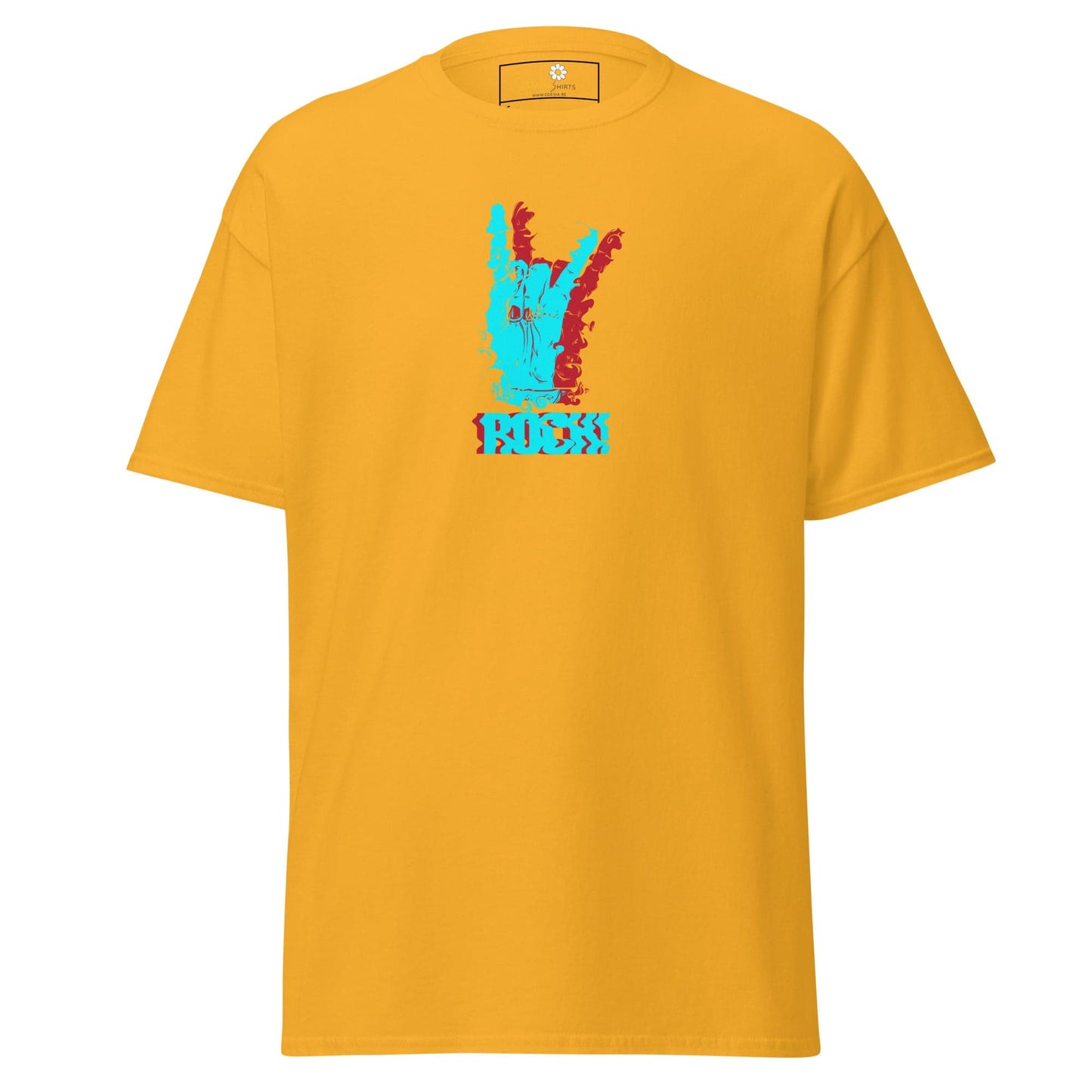 Yellow T-shirt featuring hand gesture graphic for men and women in sizes S to XL