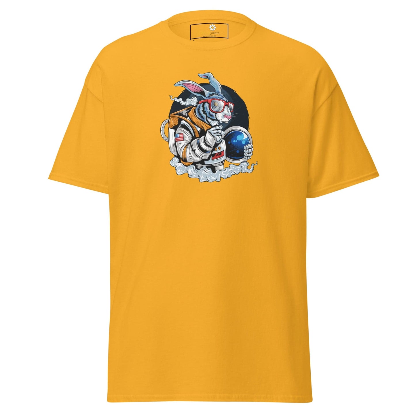Yellow T-shirt featuring an astronaut rabbit graphic for men and women in S to XL sizes