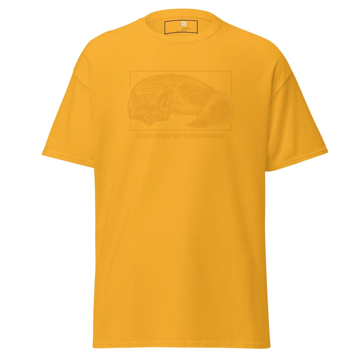 Mustard-colored T-shirt with a faded graphic, suitable for Men and Women, S to XL size