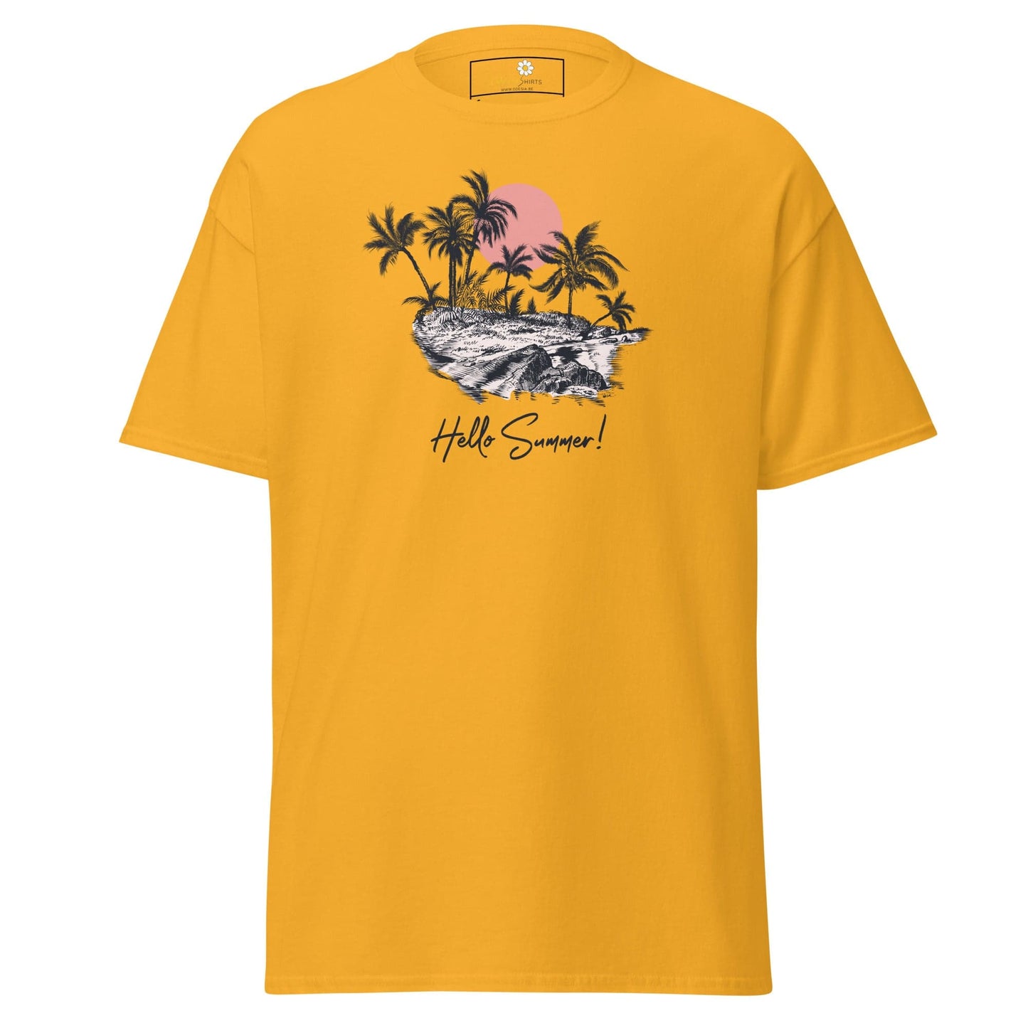 Yellow T-shirt with tropical island graphic for men and women in sizes S to XL