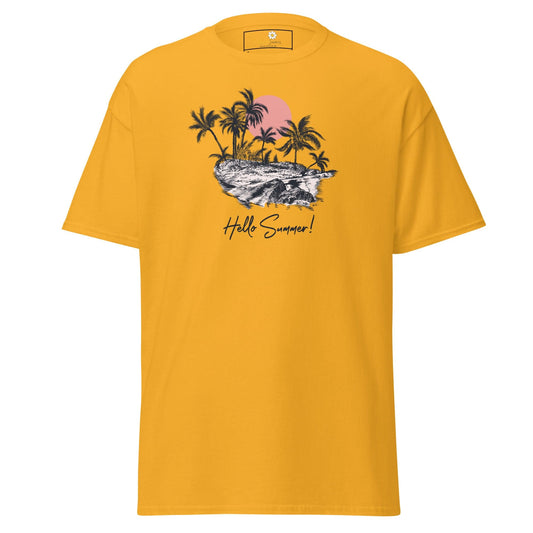 Yellow T-shirt with tropical island graphic for men and women in sizes S to XL