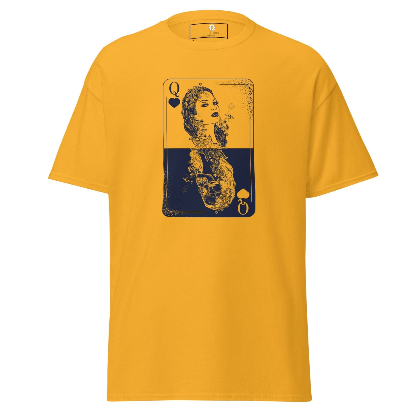 Yellow T-shirt with Queen of Spades card graphic for men and women in S to XL sizes