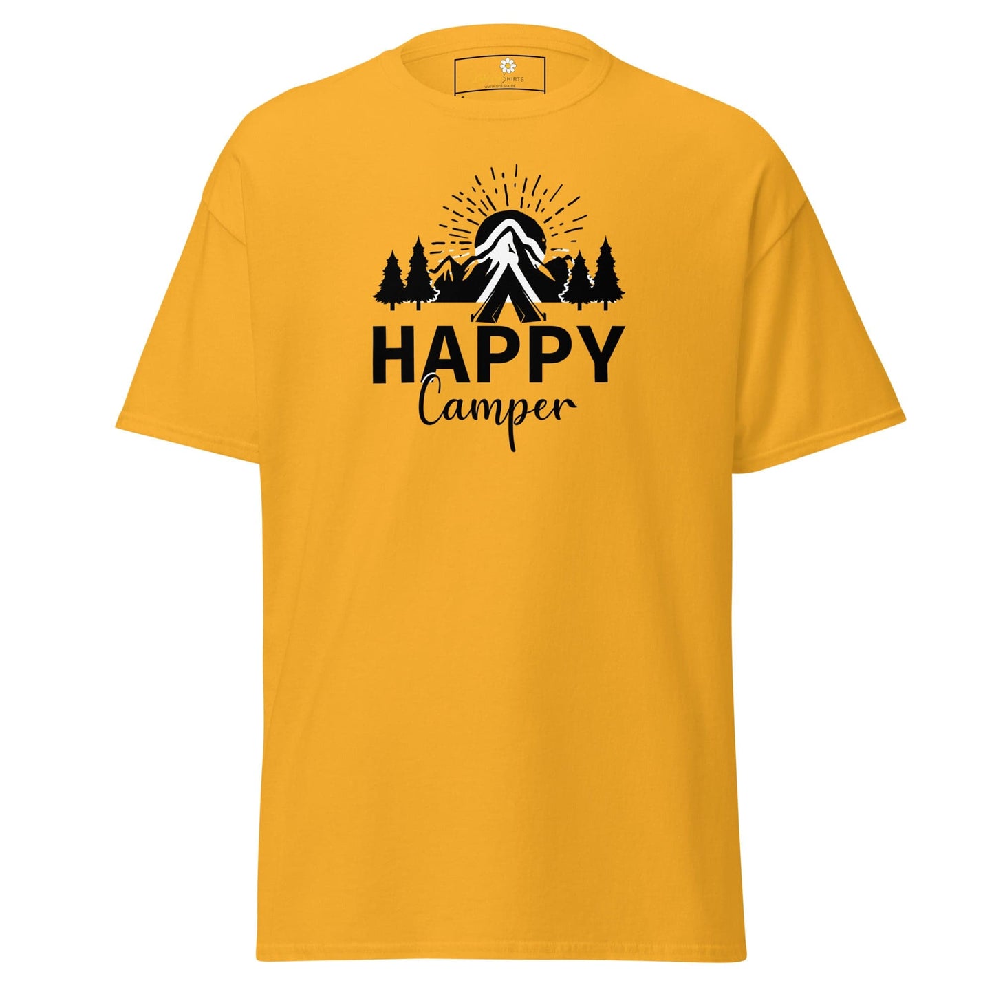 Yellow T-shirt with camping graphic for men and women in sizes S to XL