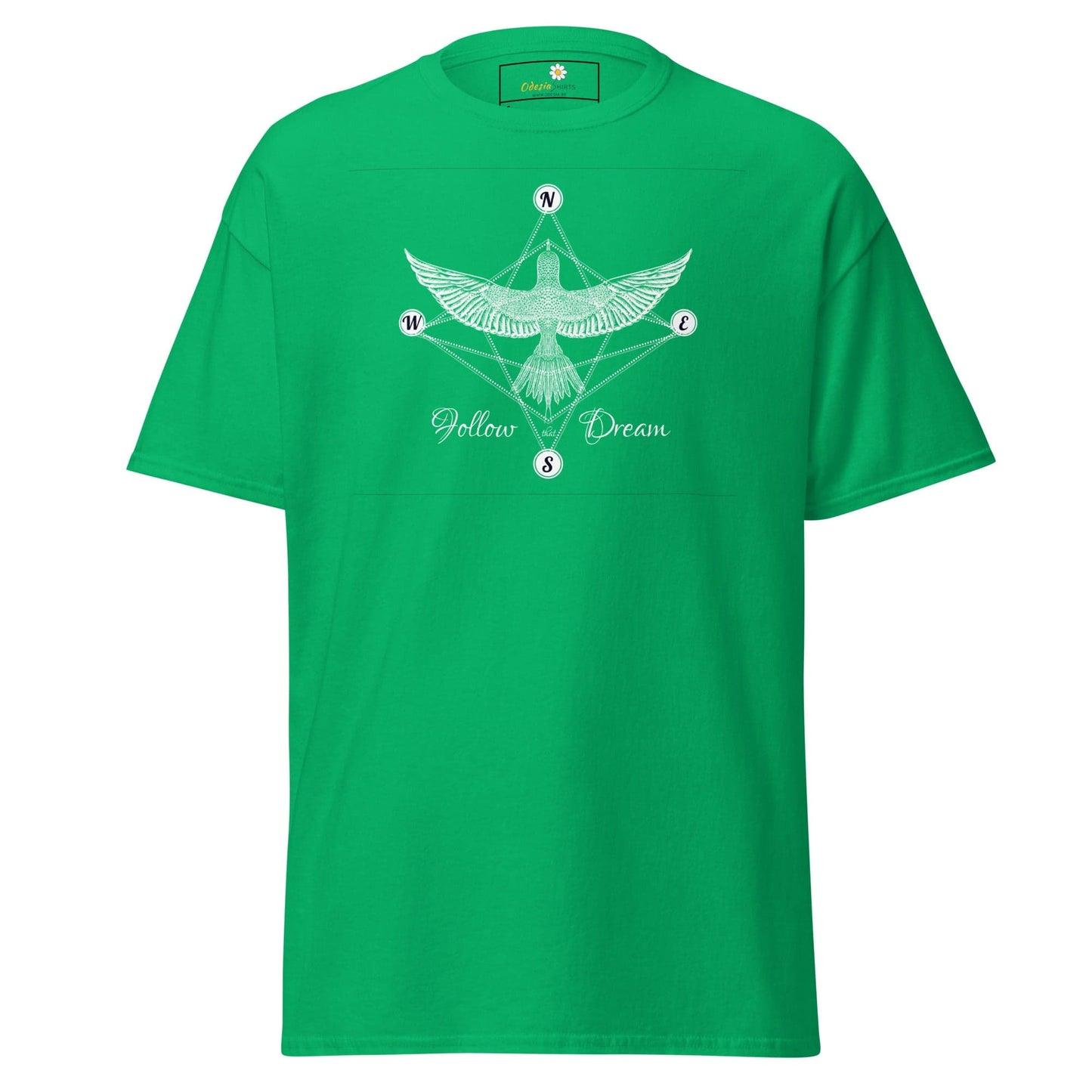 Green T-shirt with bird design available in S to XL sizes for men and women