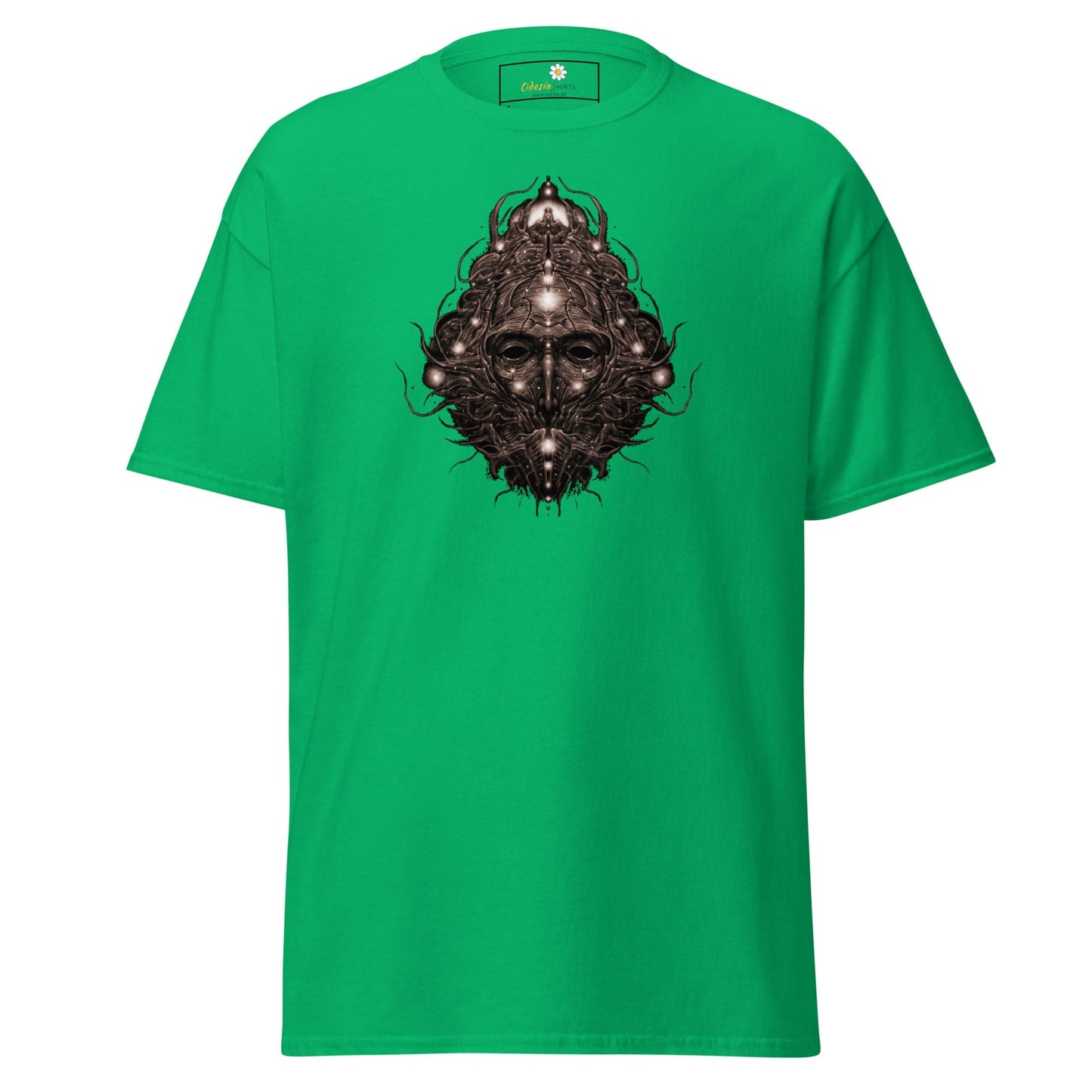 Green T-shirt with face graphic displayed in T-SHIRT DESIGN TEE for men and women