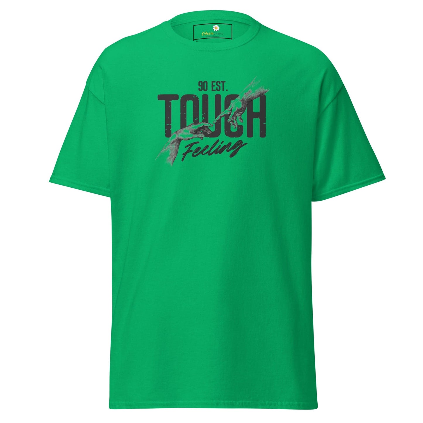 Green T-shirt with graphic design for men and women available in sizes S to XL