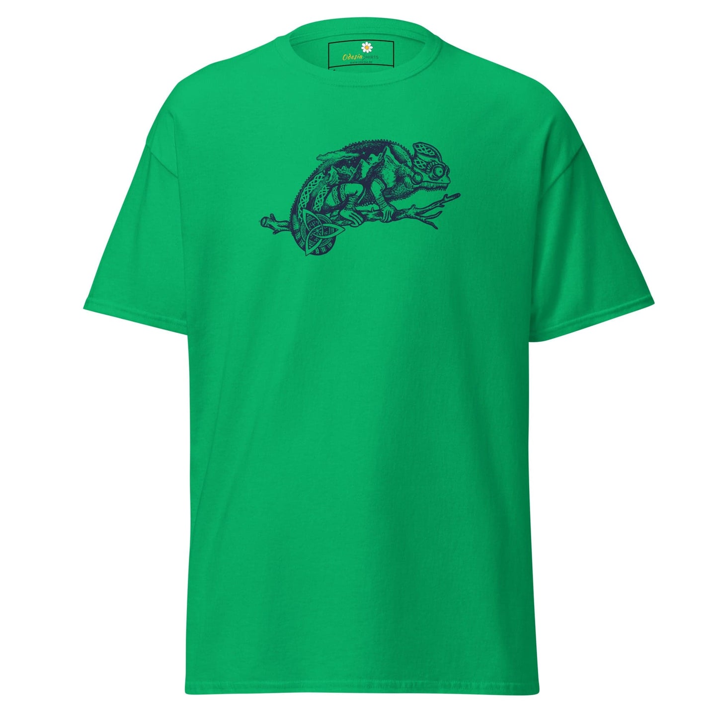Green T-shirt with chameleon graphic for men and women, available in sizes S to XL