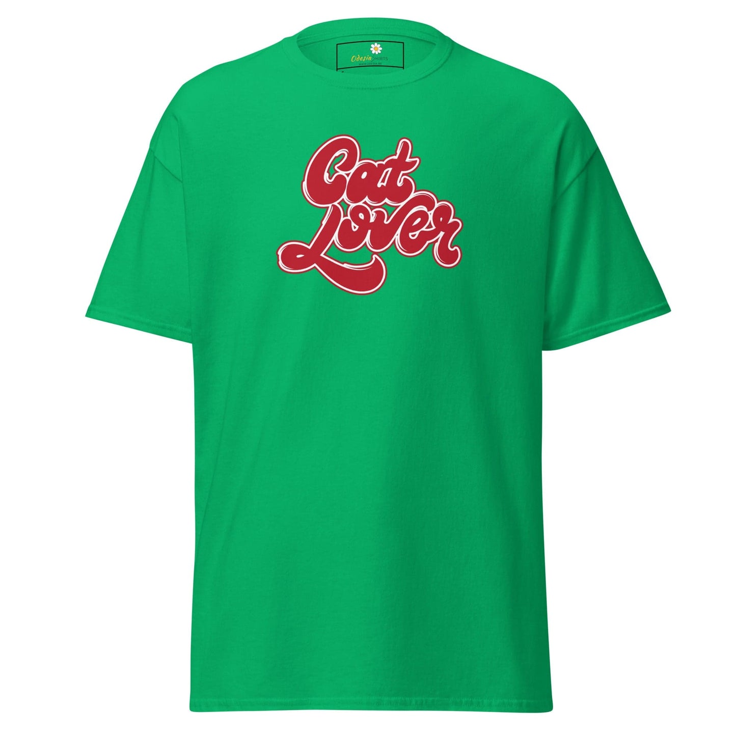 Green T-shirt with Cat Lover text for Men and Women in sizes S to XL