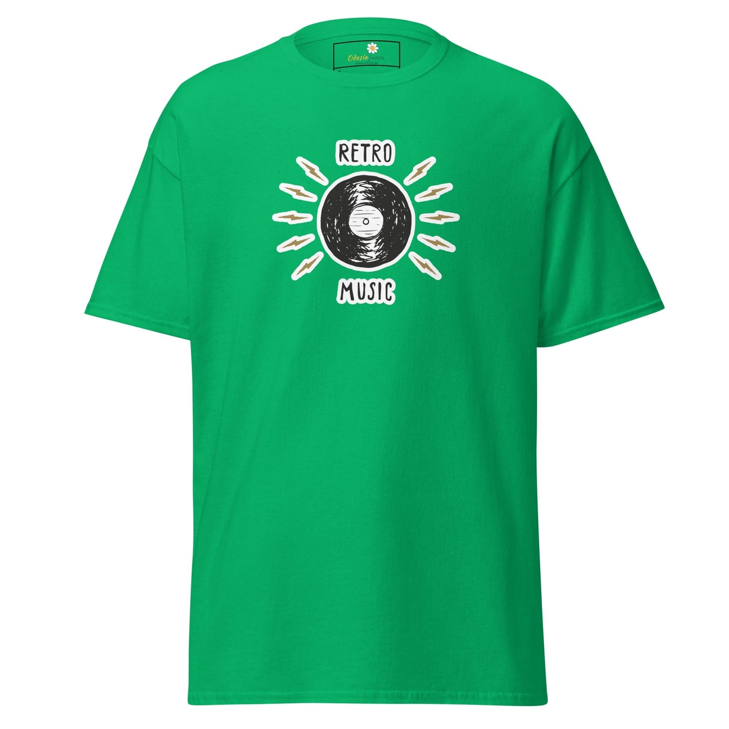 Green T-shirt with retro music design for men and women in sizes S to XL