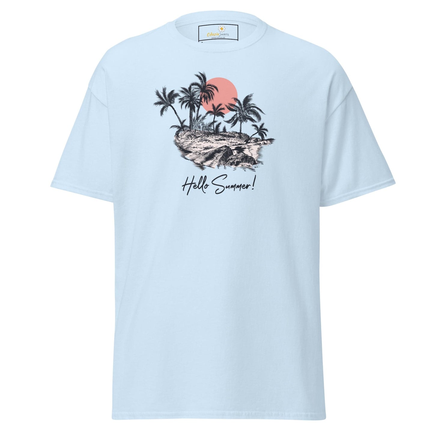 Light blue T-shirt with palm tree graphic from T-SHIRT DESIGN TEE for men and women