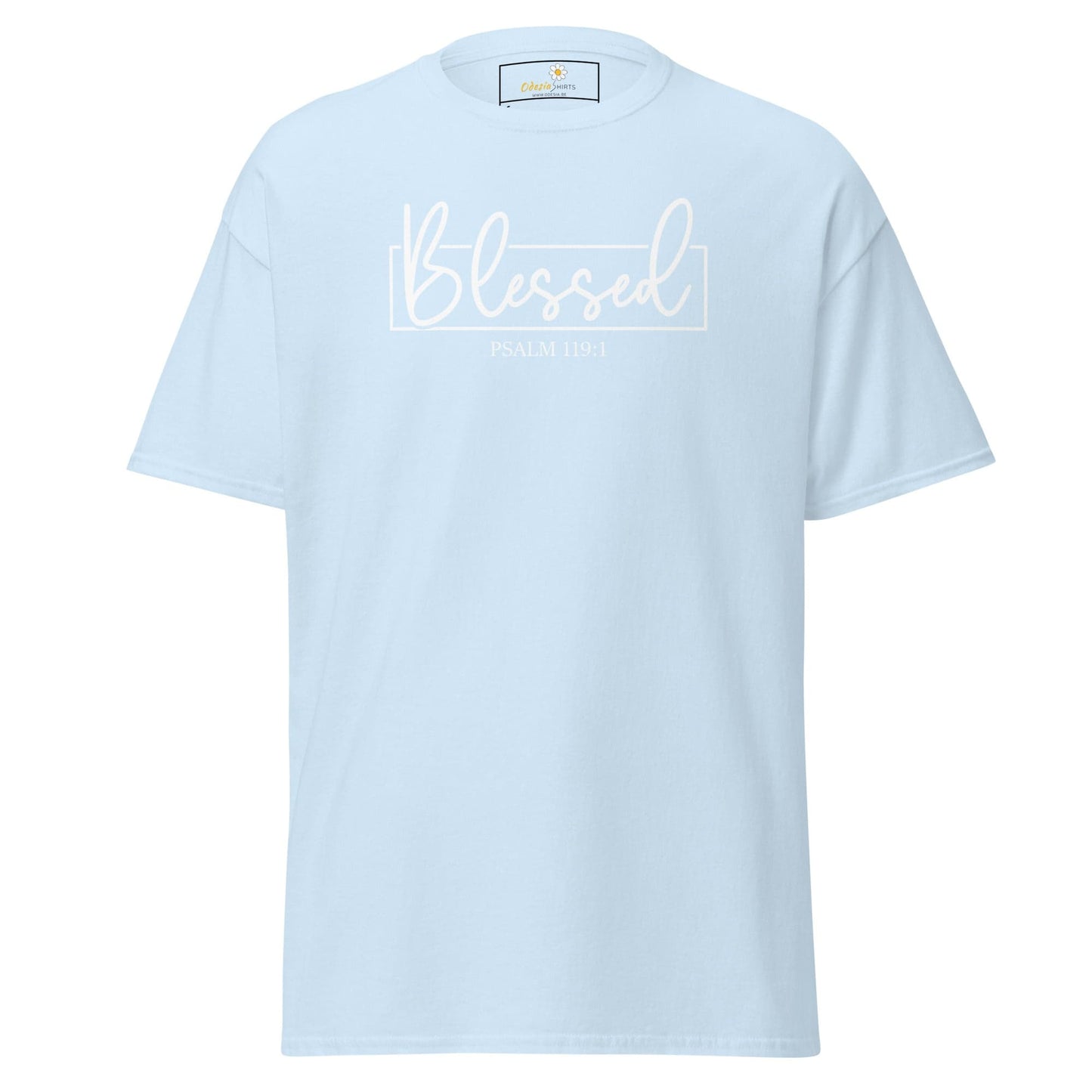 Light blue T-shirt with Blessed graphic for men and women in sizes S to XL