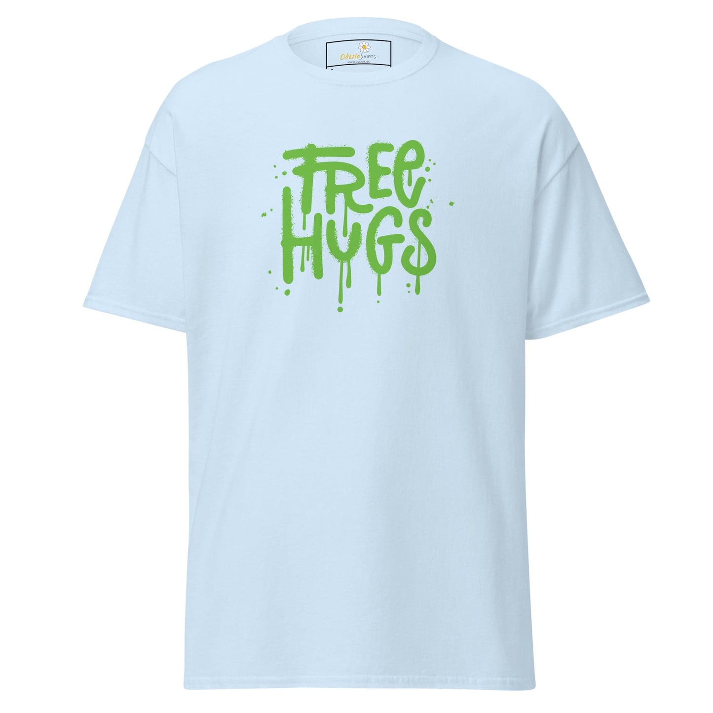 Light blue T-shirt with green Free Hugs text for men and women in S-XL sizes