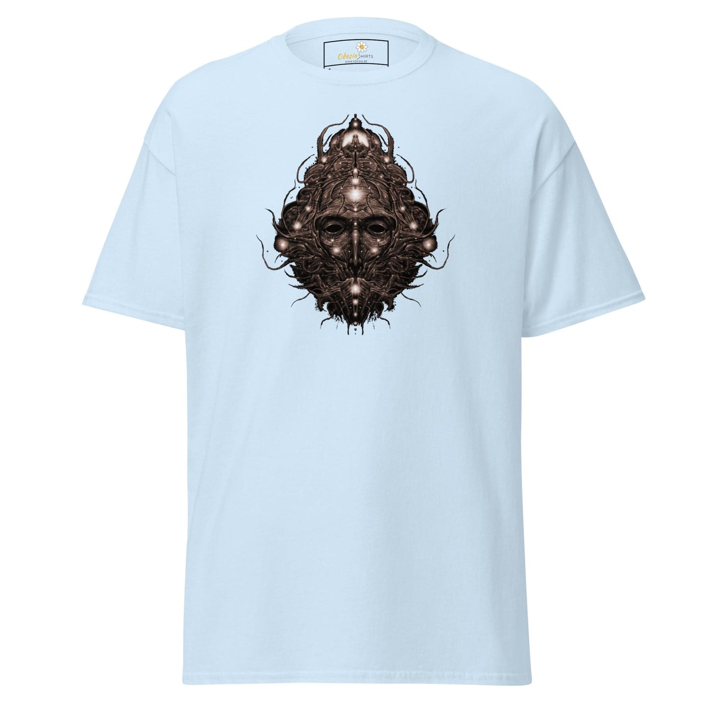 Light blue T-shirt with a dark intricate face design for men and women sizes S to XL