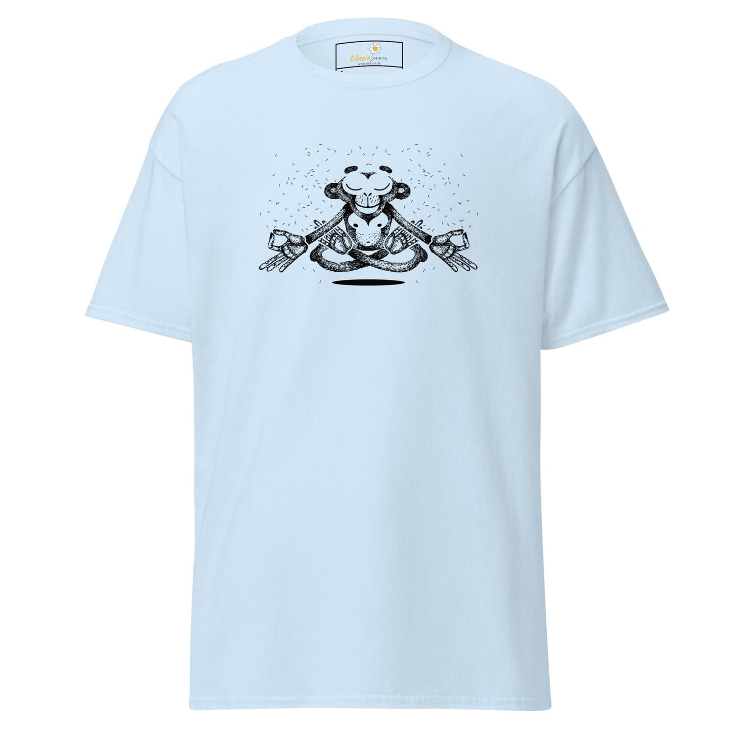 Light blue T-shirt with meditating monkey graphic, available in S to XL sizes