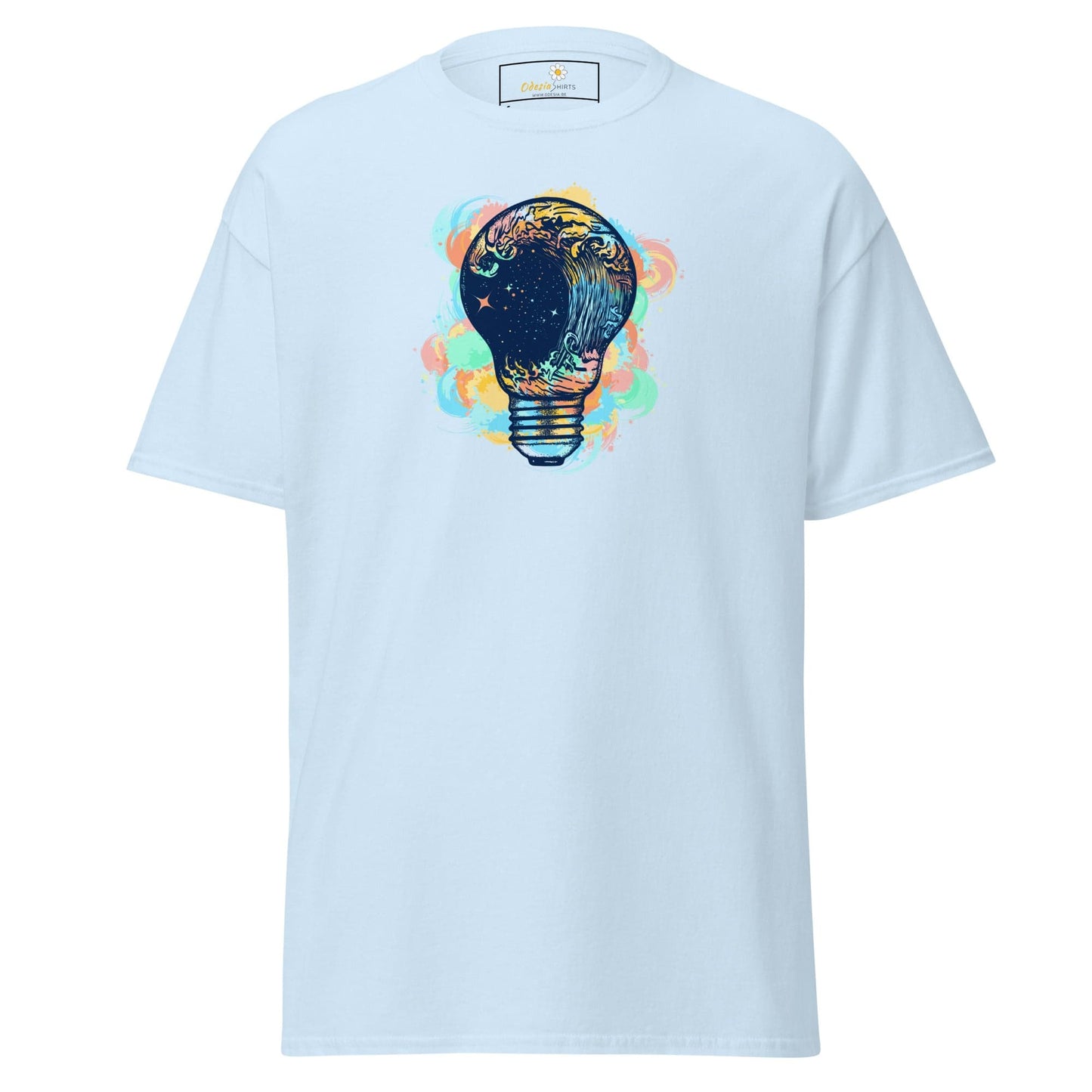 Light blue T-shirt with lightbulb design for men and women in S to XL sizes