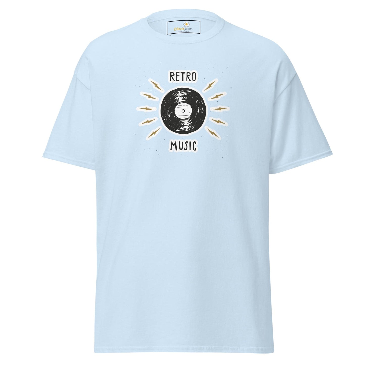 Light blue T-shirt with retro music design suitable for Men and Women sizes S to XL