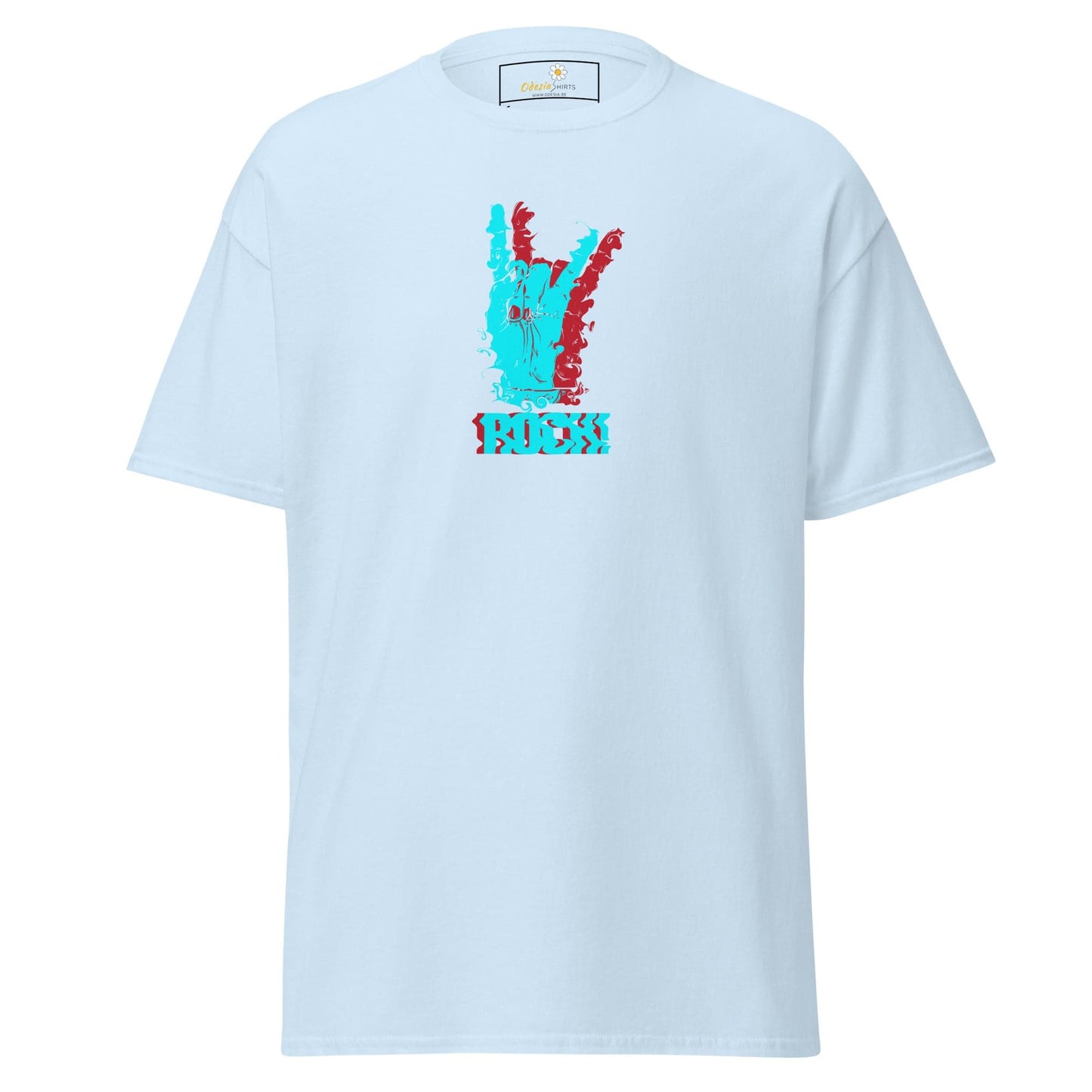 Light blue T-shirt with hand gesture graphic for men and women in sizes S to XL