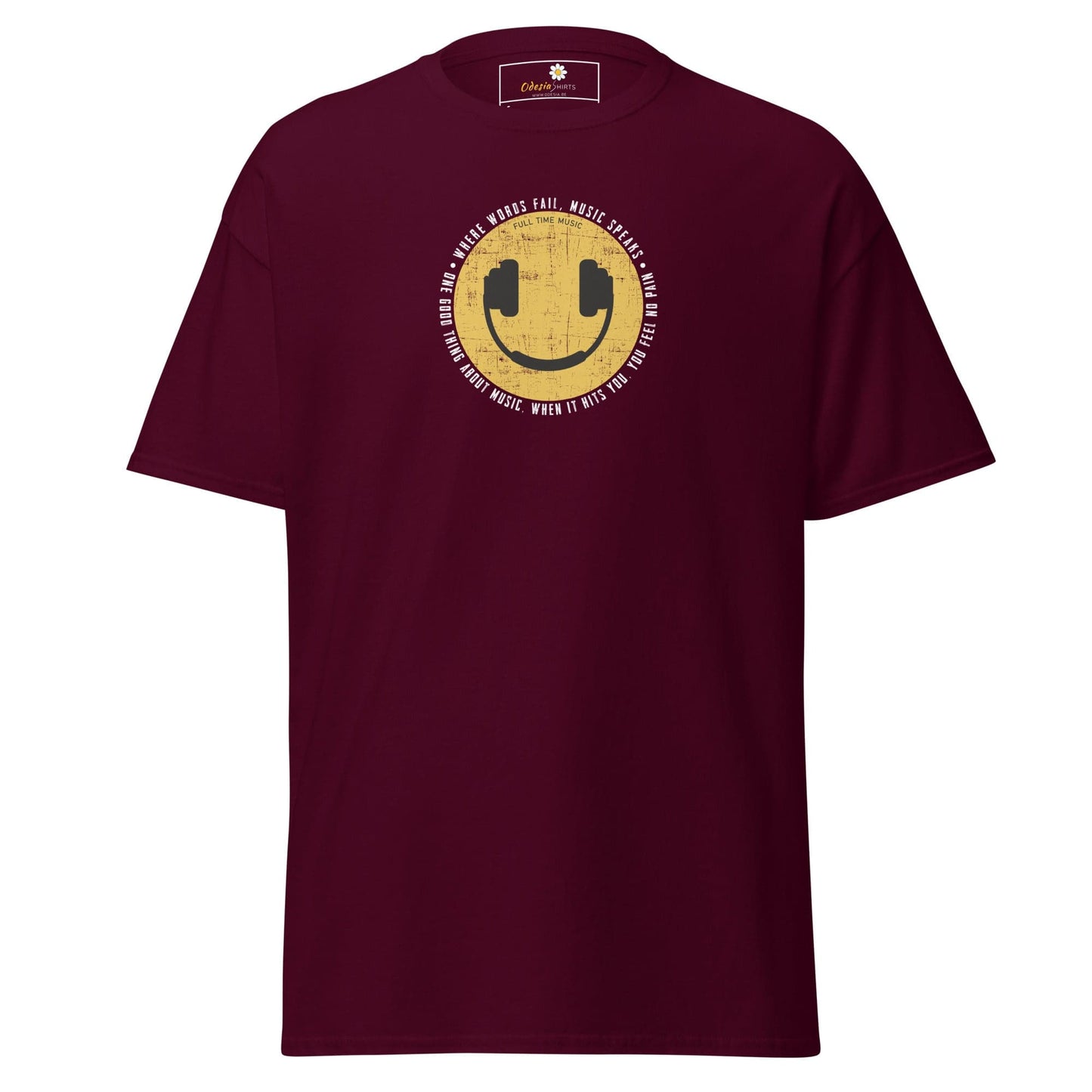 Maroon T-shirt with smiley face graphic for Men and Women in sizes S to XL