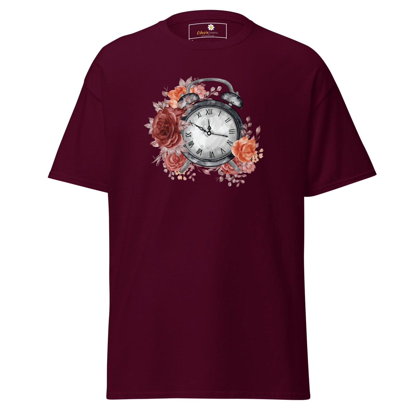 Unisex classic t-shirt - FANTASY CLOCK TIME FLOWERS - REGULAR - Maroon / S
