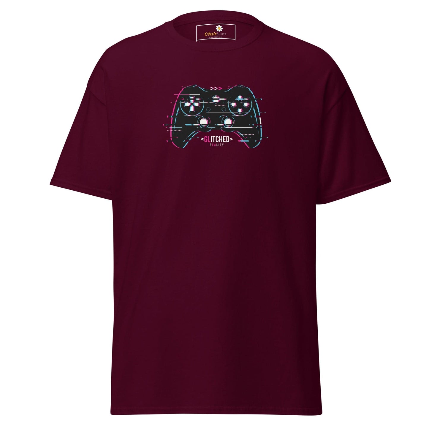 Maroon T-shirt with gaming controller graphic for Men and Women in sizes S to XL