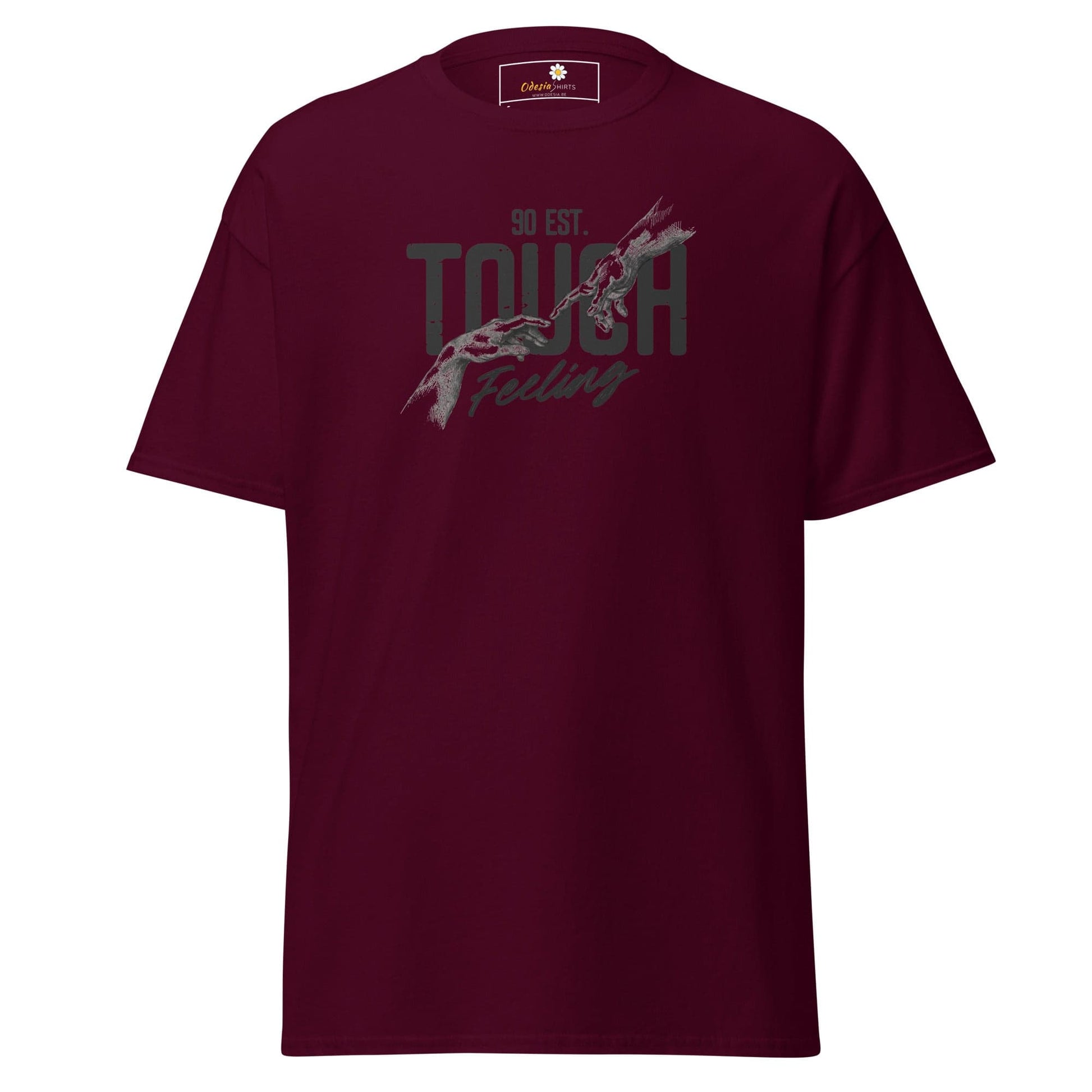 Maroon graphic T-shirt for men and women, available in sizes S to XL