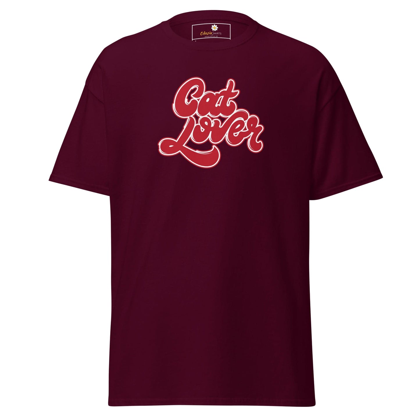 Maroon T-shirt with Cat Lover graphic, suitable for men and women, available in sizes S to XL