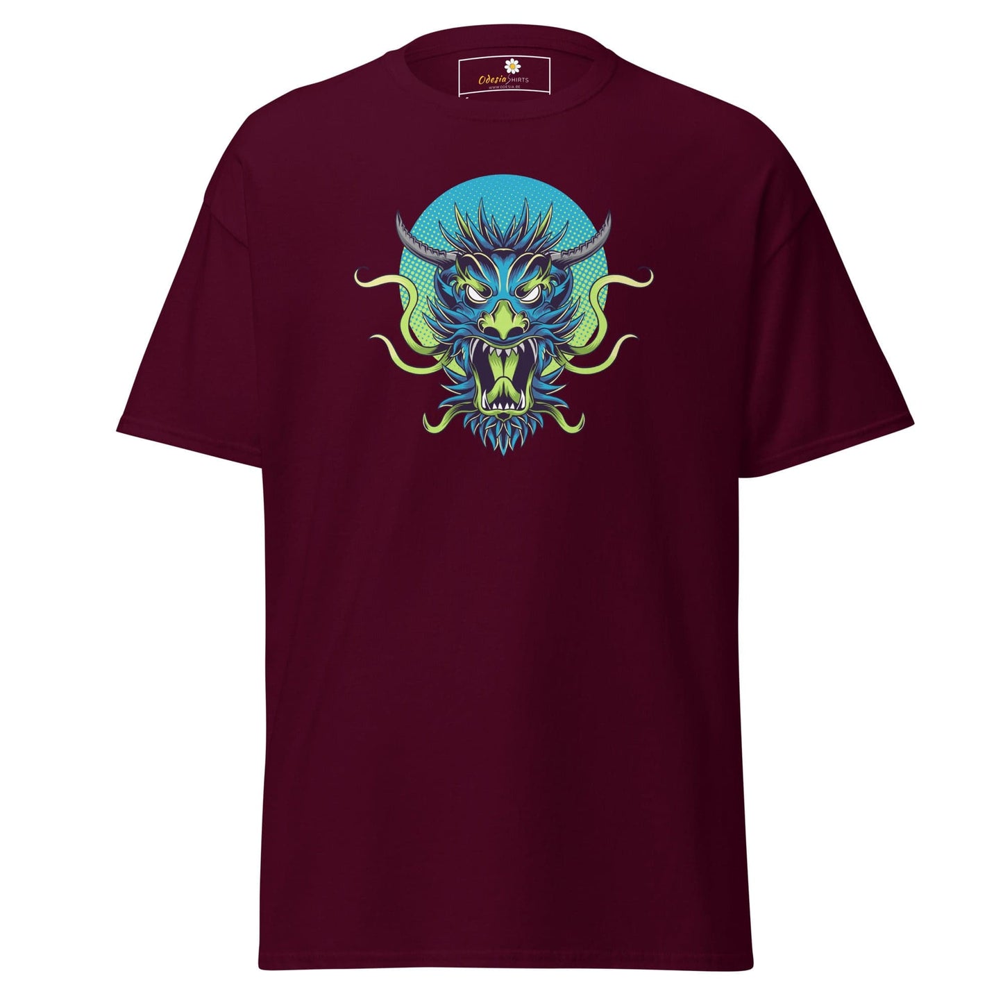 Maroon T-shirt with dragon graphic for men and women available in sizes S to XL