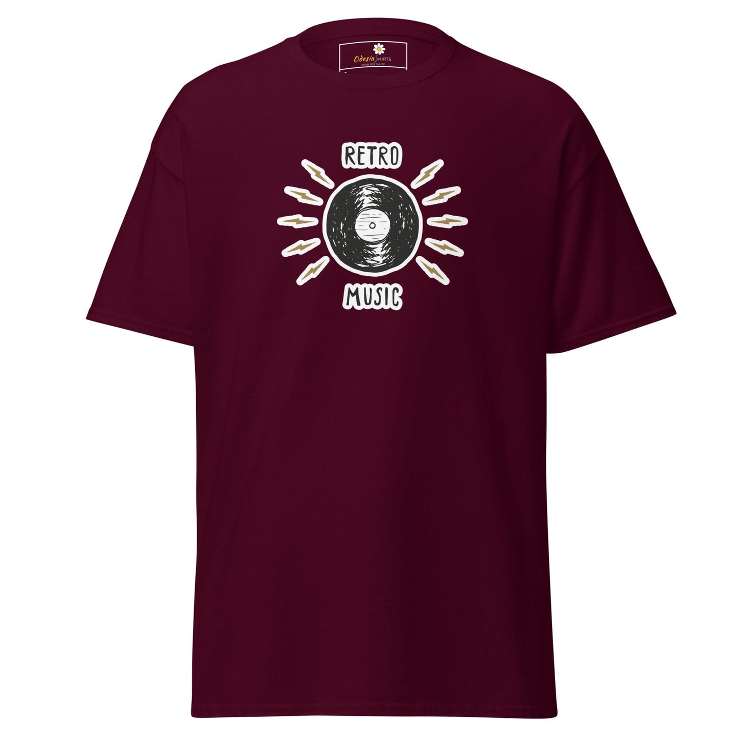 Maroon T-shirt with retro music design for men and women in size S to XL
