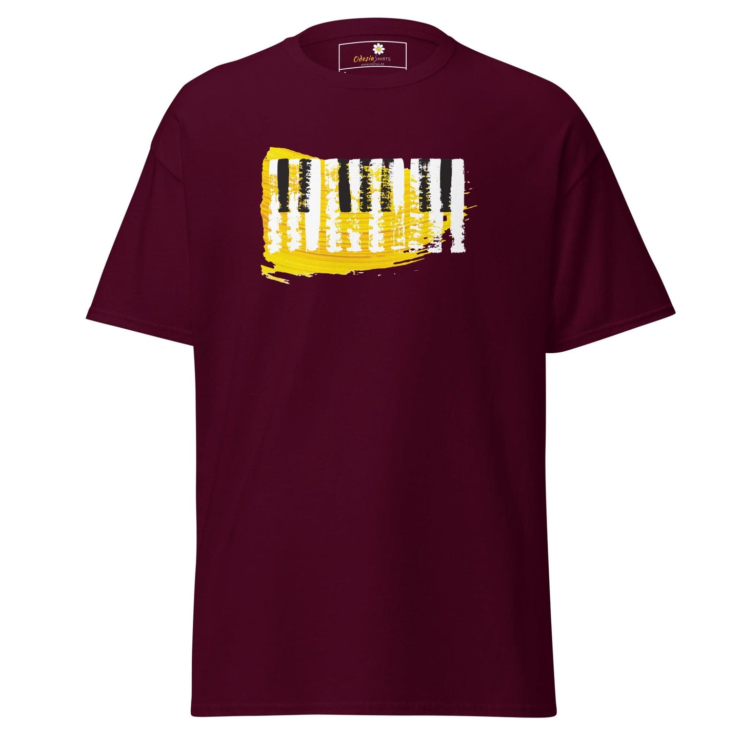Maroon T-shirt with piano key design, suitable for men and women sizes S to XL