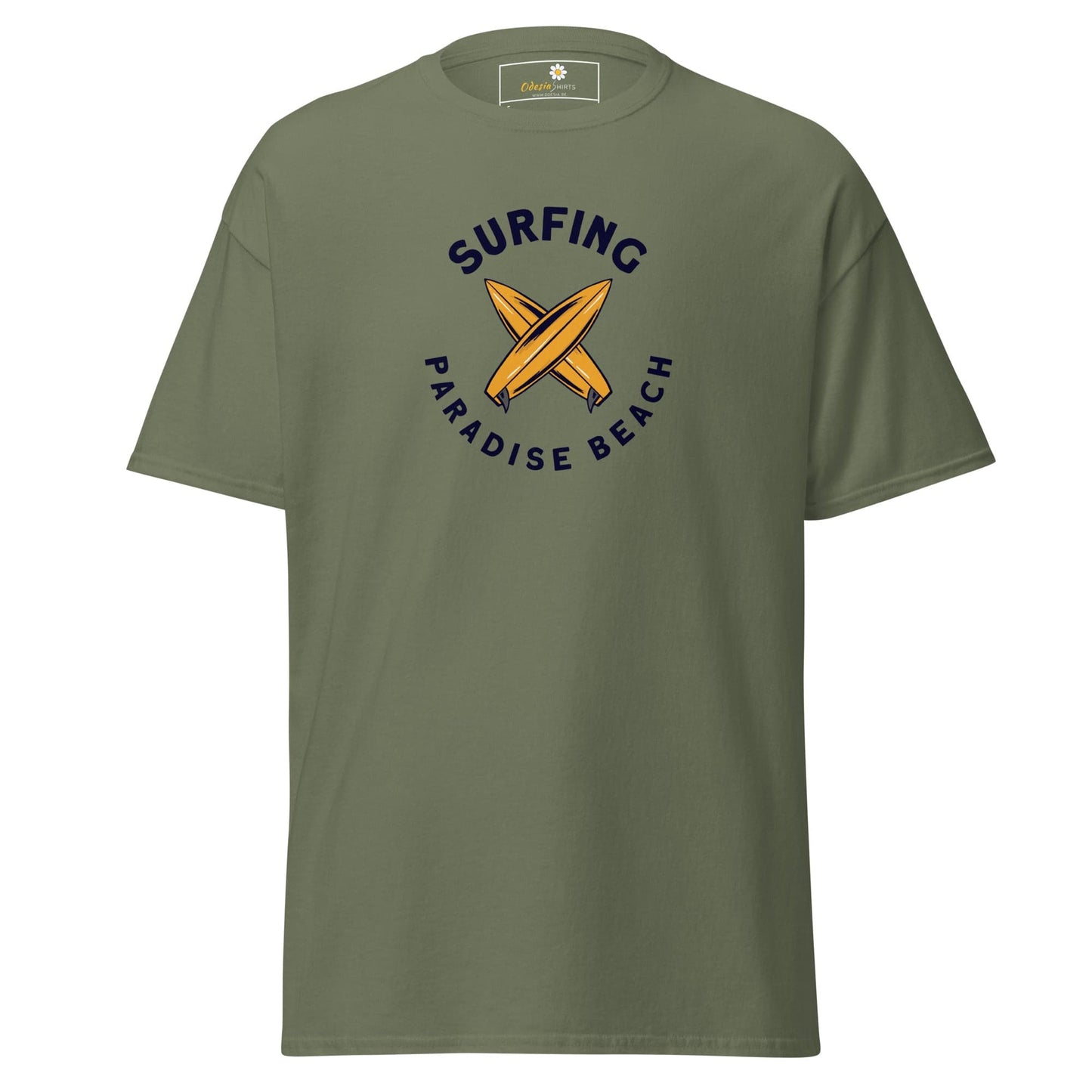 Olive green T-shirt with surfing graphic from T-SHIRT DESIGN TEE for men and women