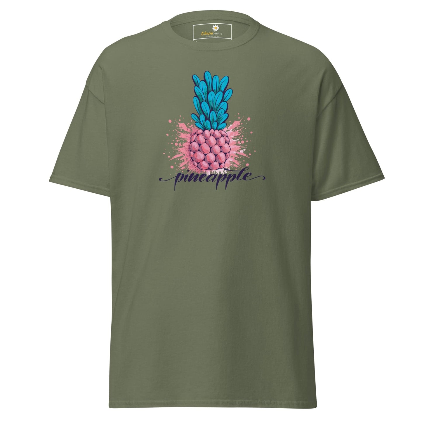 Olive green T-shirt with pink and blue pineapple graphic for men and women selection