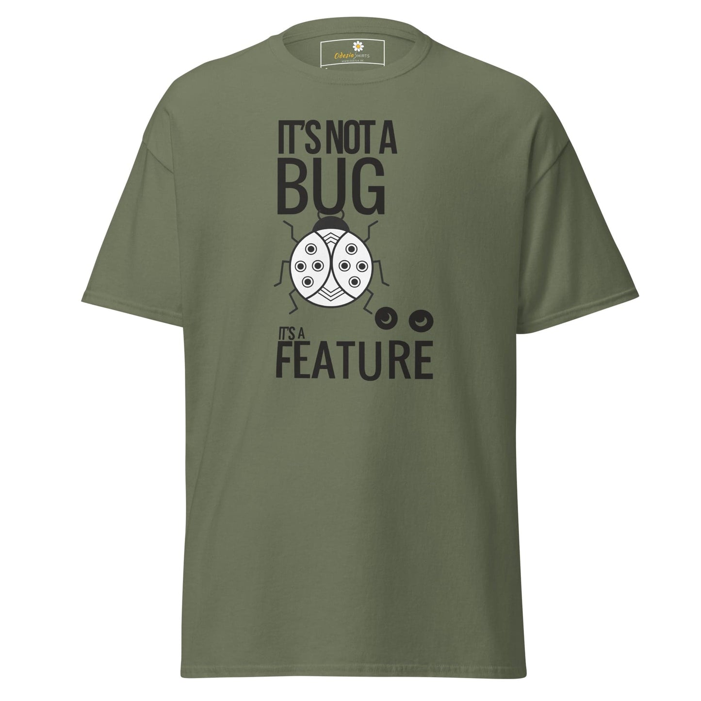 Olive green T-shirt with a bug graphic for Men and Women in sizes S to XL