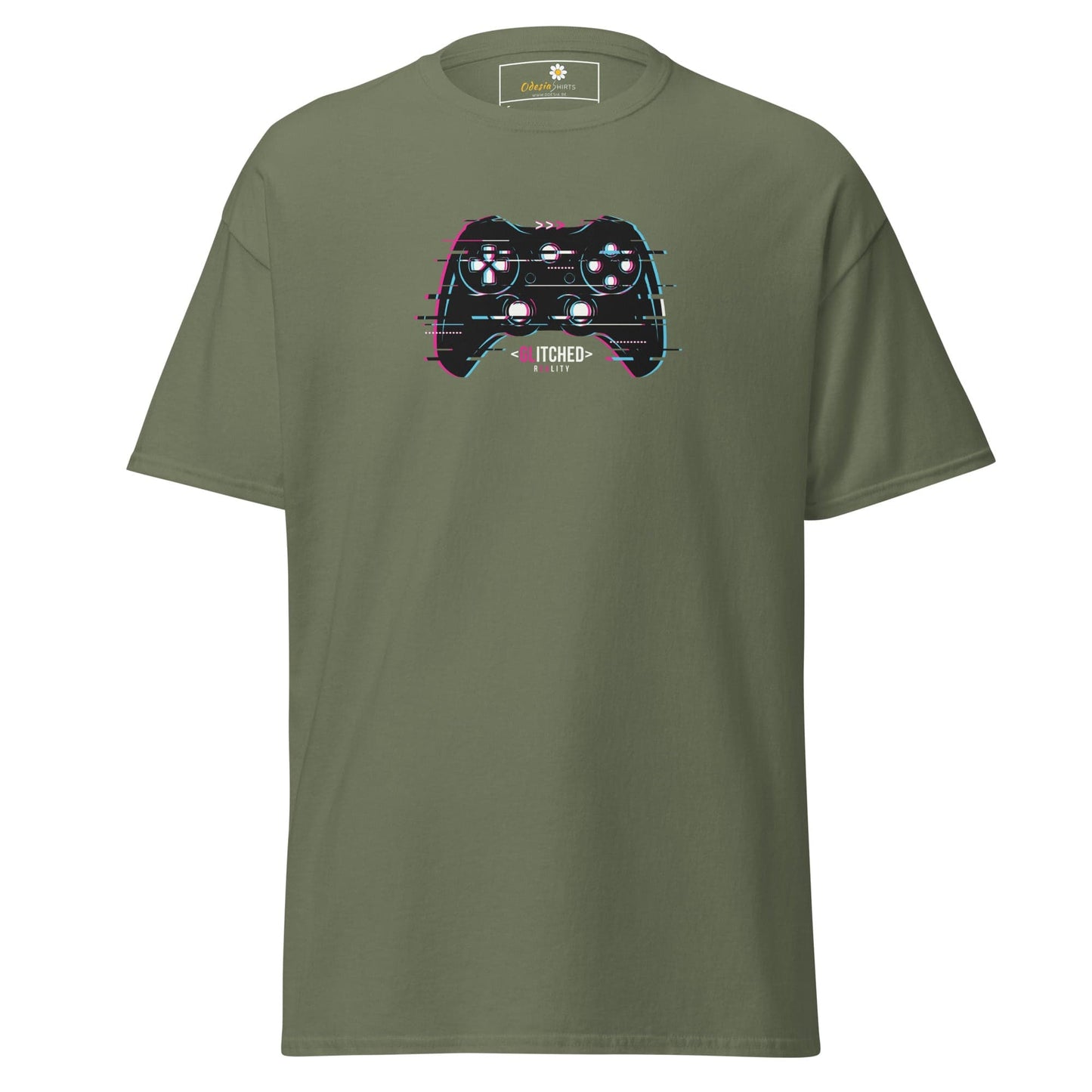 Olive green T-shirt with a gaming controller graphic for men and women in S to XL sizes