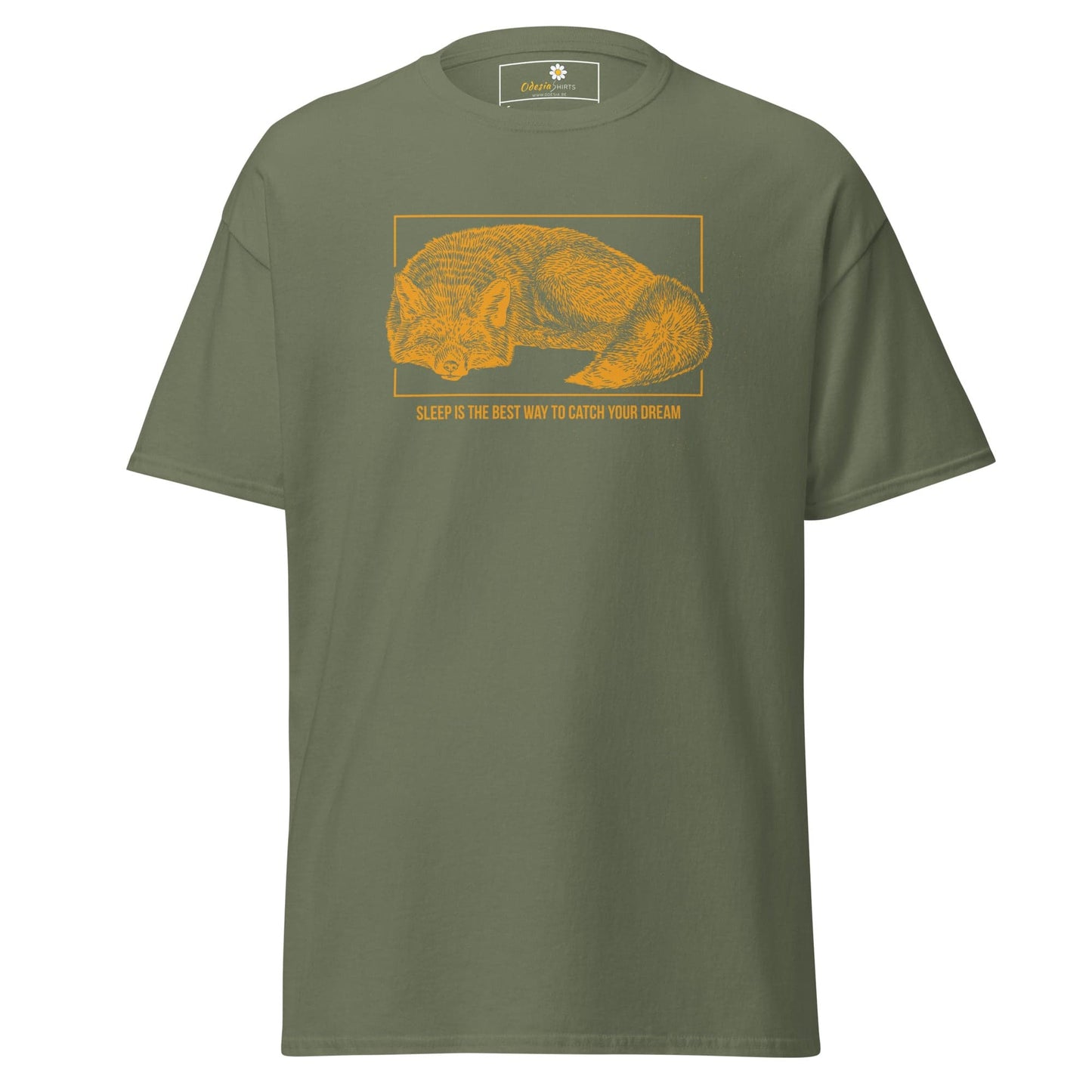 Olive green T-shirt with sleeping fox graphic for men and women available in sizes S to XL