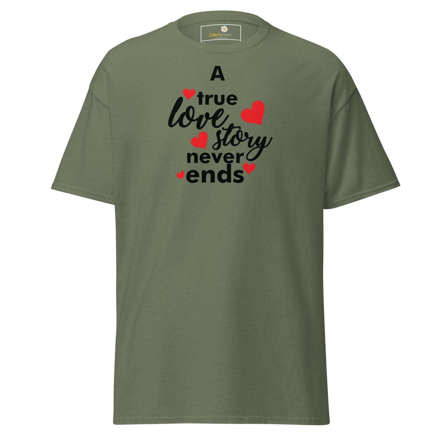 Olive green T-shirt with love-themed text, suitable for men and women sizes S to XL