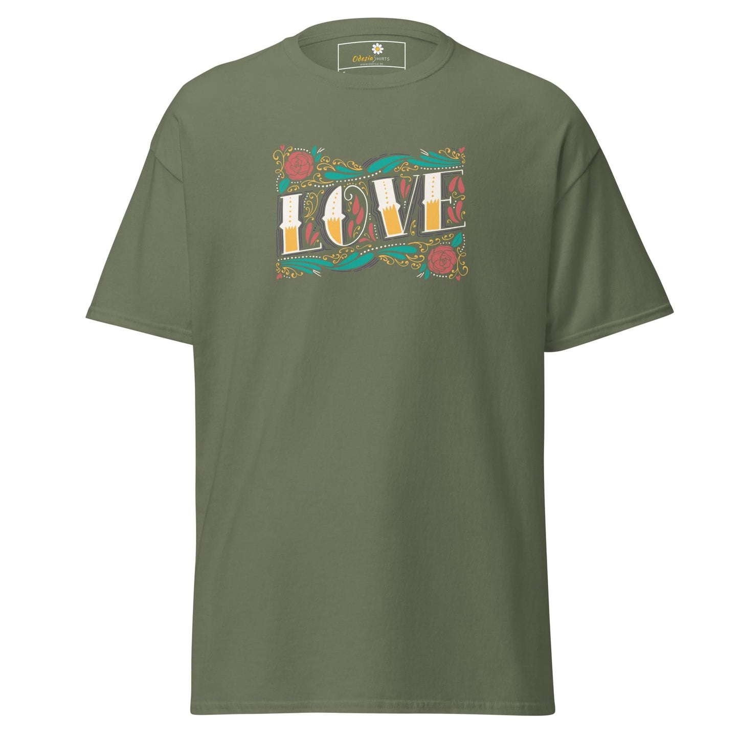 Unisex classic t-shirt - TEXT LOVE FLOWERS - REGULAR - Military Green / S