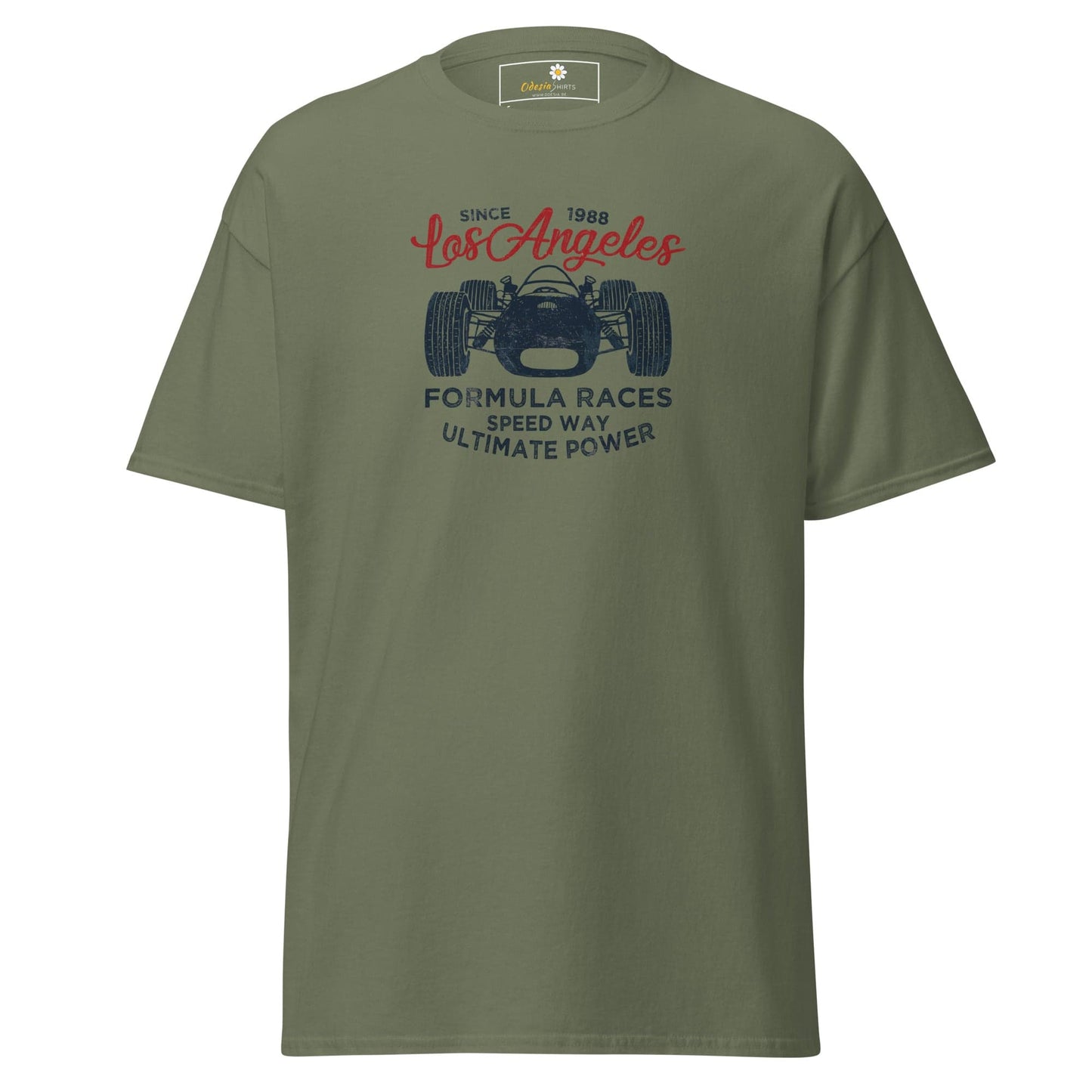 Olive green T-shirt with race car graphic for Men and Women in sizes S to XL