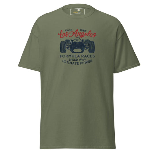 Olive green T-shirt with race car graphic for Men and Women in sizes S to XL