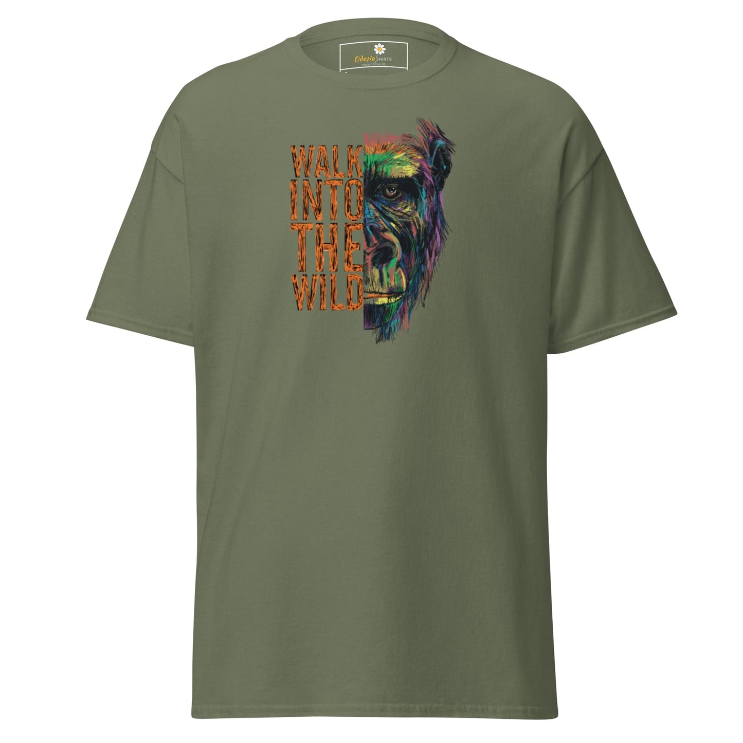 Olive green T-shirt with Gorilla graphic for men and women available in sizes S to XL